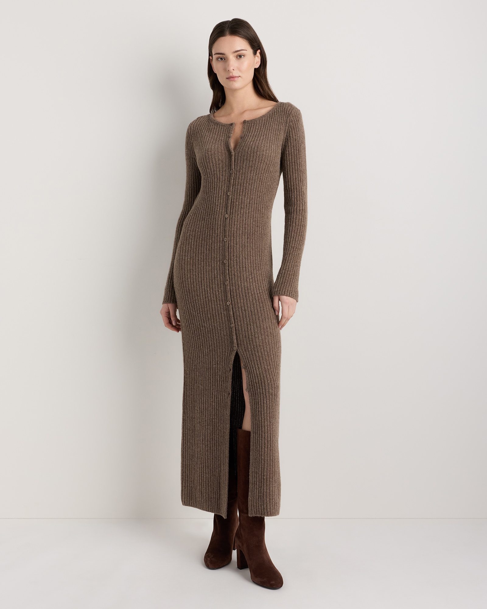 Heather Brown 100% Yak Wool Ribbed Cardigan Sweater Dress
