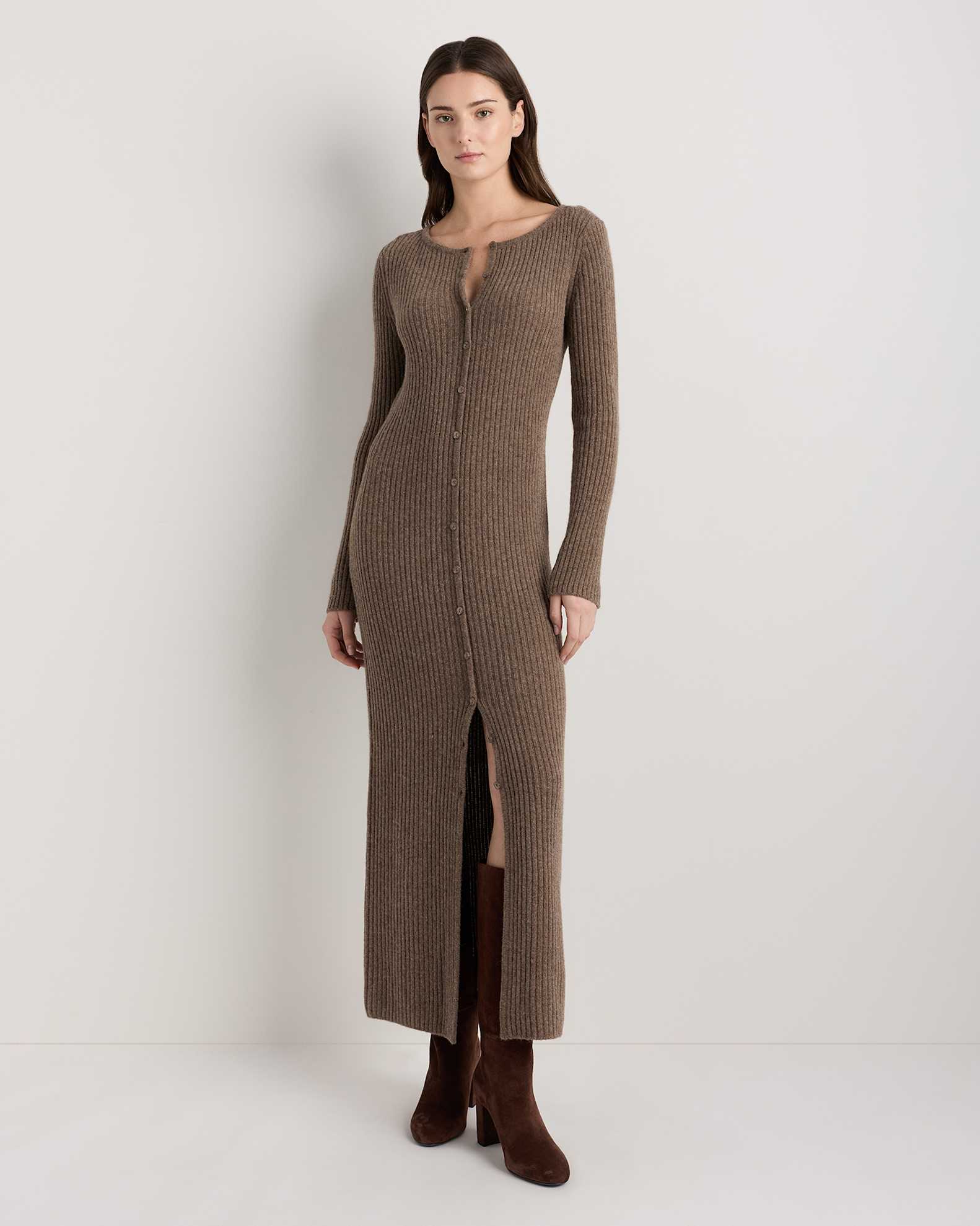 Women's 100% Yak Wool Ribbed Cardigan Sweater Dress in Heather Brown, Size XL by Quince Women's 100% Yak Wool Ribbed Cardigan Sweater Dress in Heather Brown, Size XL by Quince