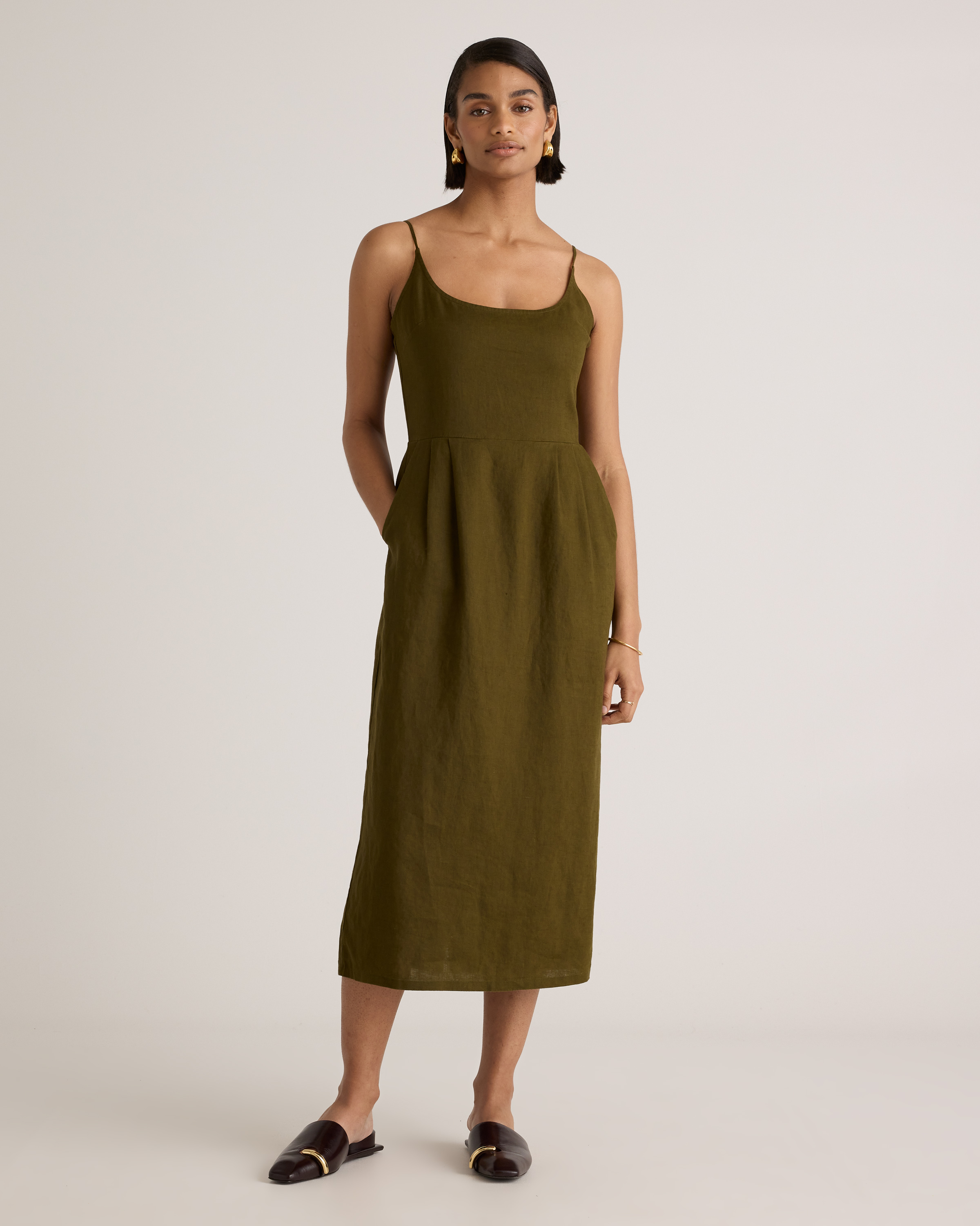 Martini Olive 100% European Linen Scoop Neck Midi Dress