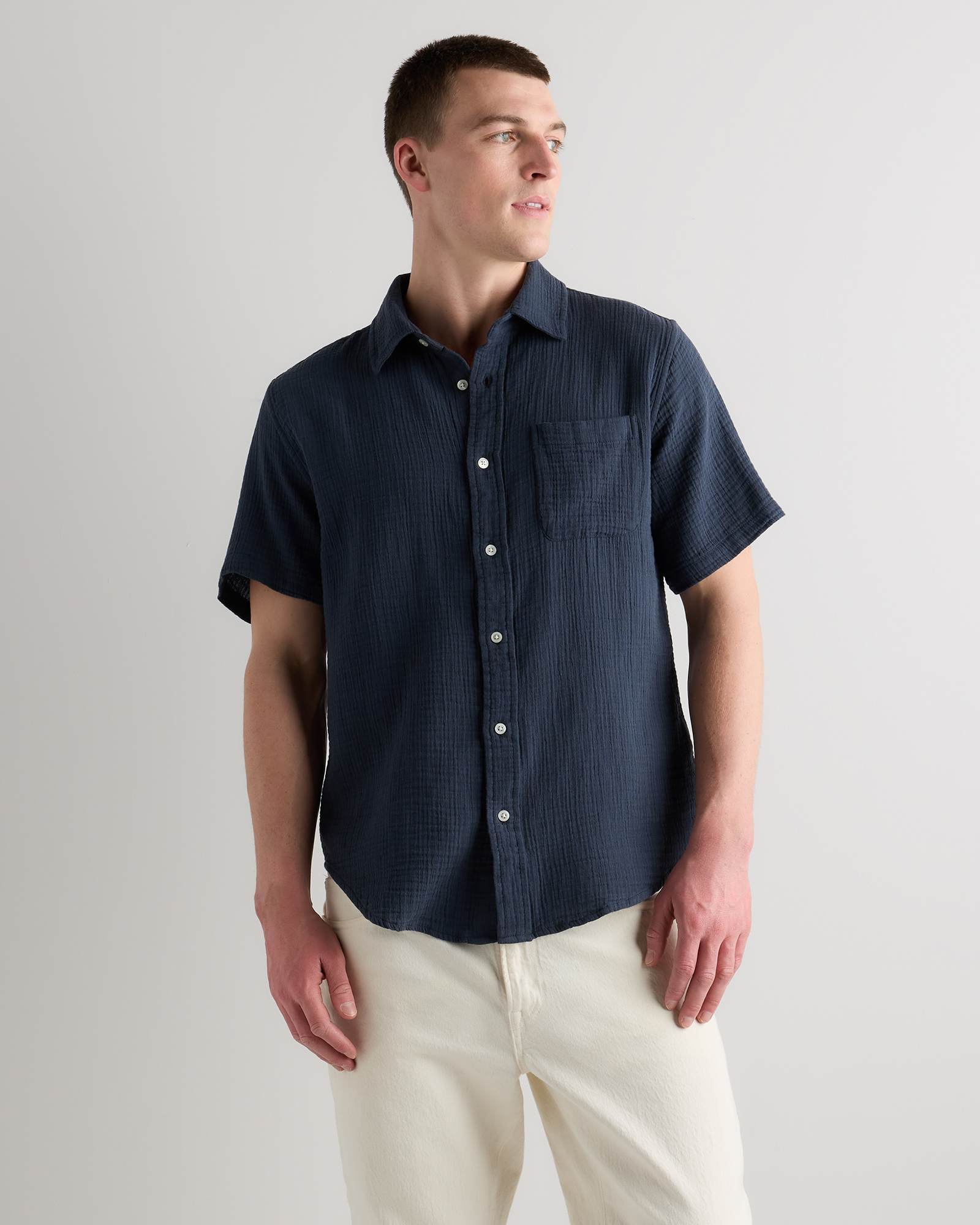 Indigo Blue 100% Organic Cotton Gauze Short Sleeve Shirt
