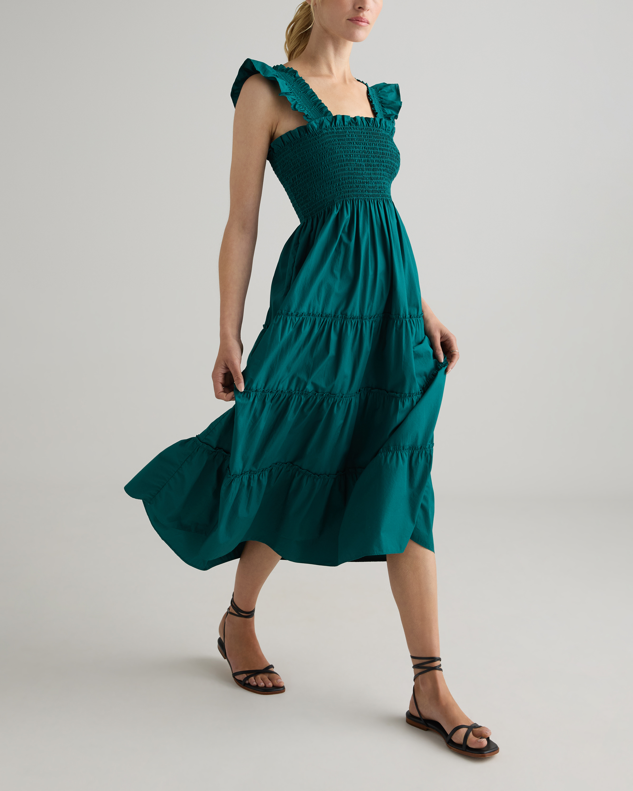 100 organic cotton smocked midi dress Damson Madder Posey Smocked Long-Sleeve Organic Cotton Midi Dress - Blue  Fog Multi Check - 71% Off