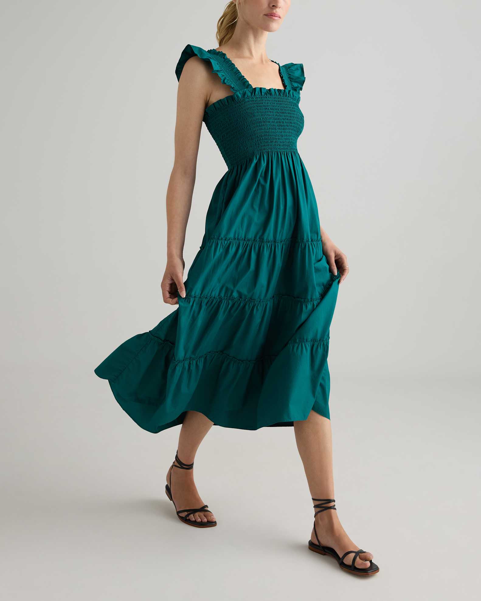 100 organic cotton smocked midi dress Damson Madder Posey Smocked Long-Sleeve Organic Cotton Midi Dress - Blue Fog Multi Check - 71% Off