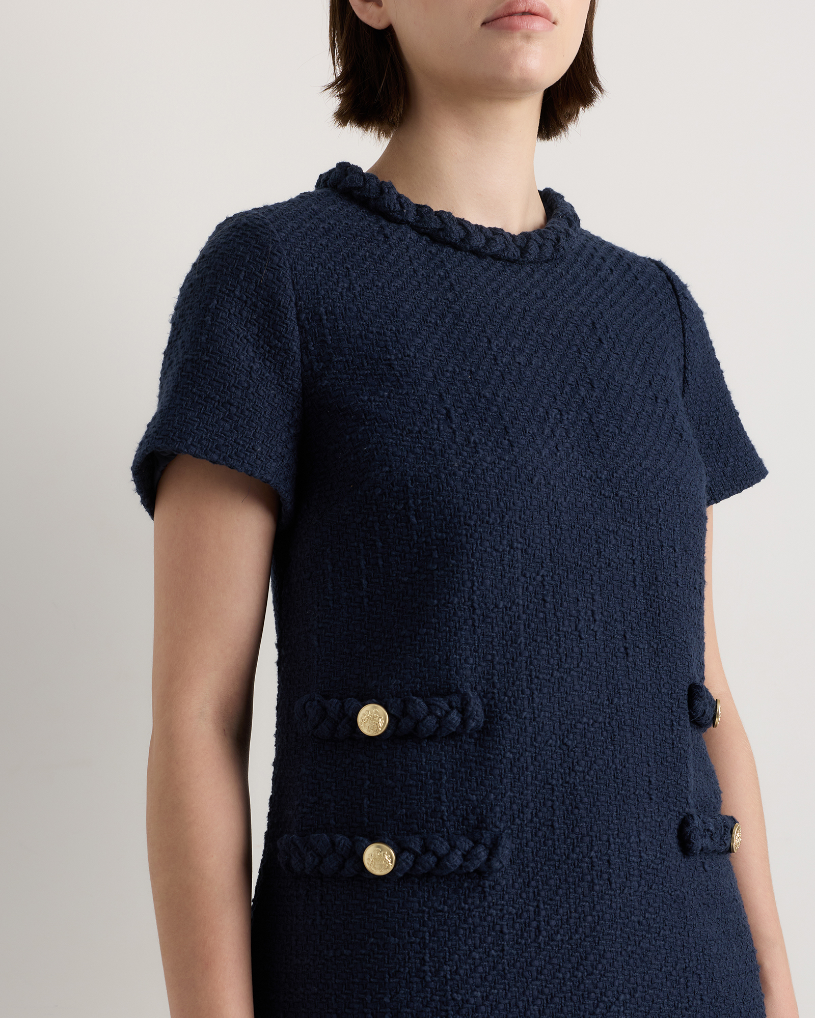 navy blue tweed dress Navy Short Sleeve Printed Cotton Sophia Dress main image 0