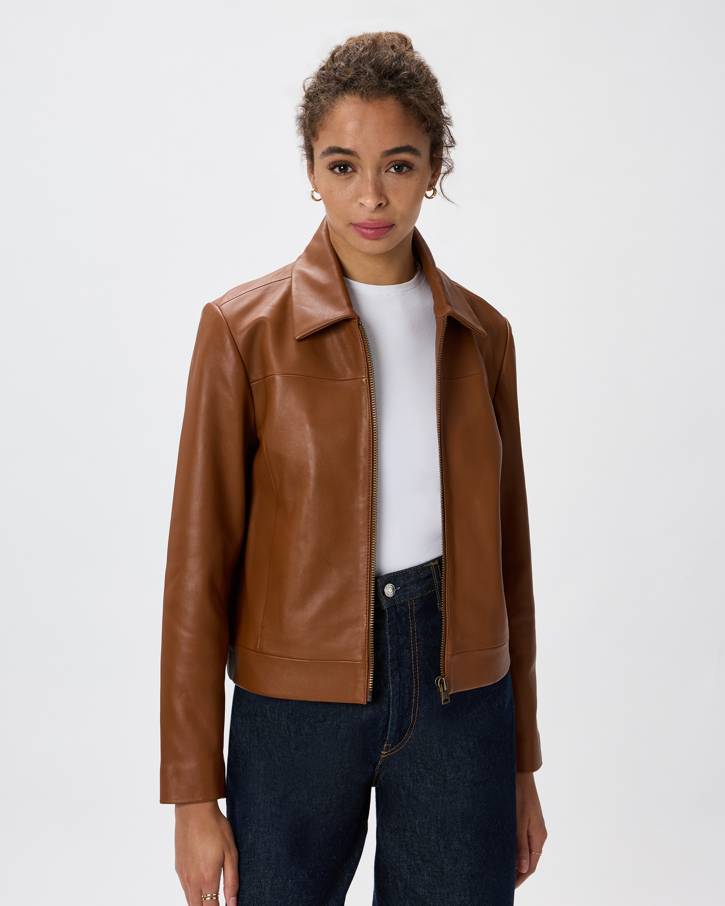 Dark Cognac Brown Blouson écourté 100 % cuir à fermeture à glissière