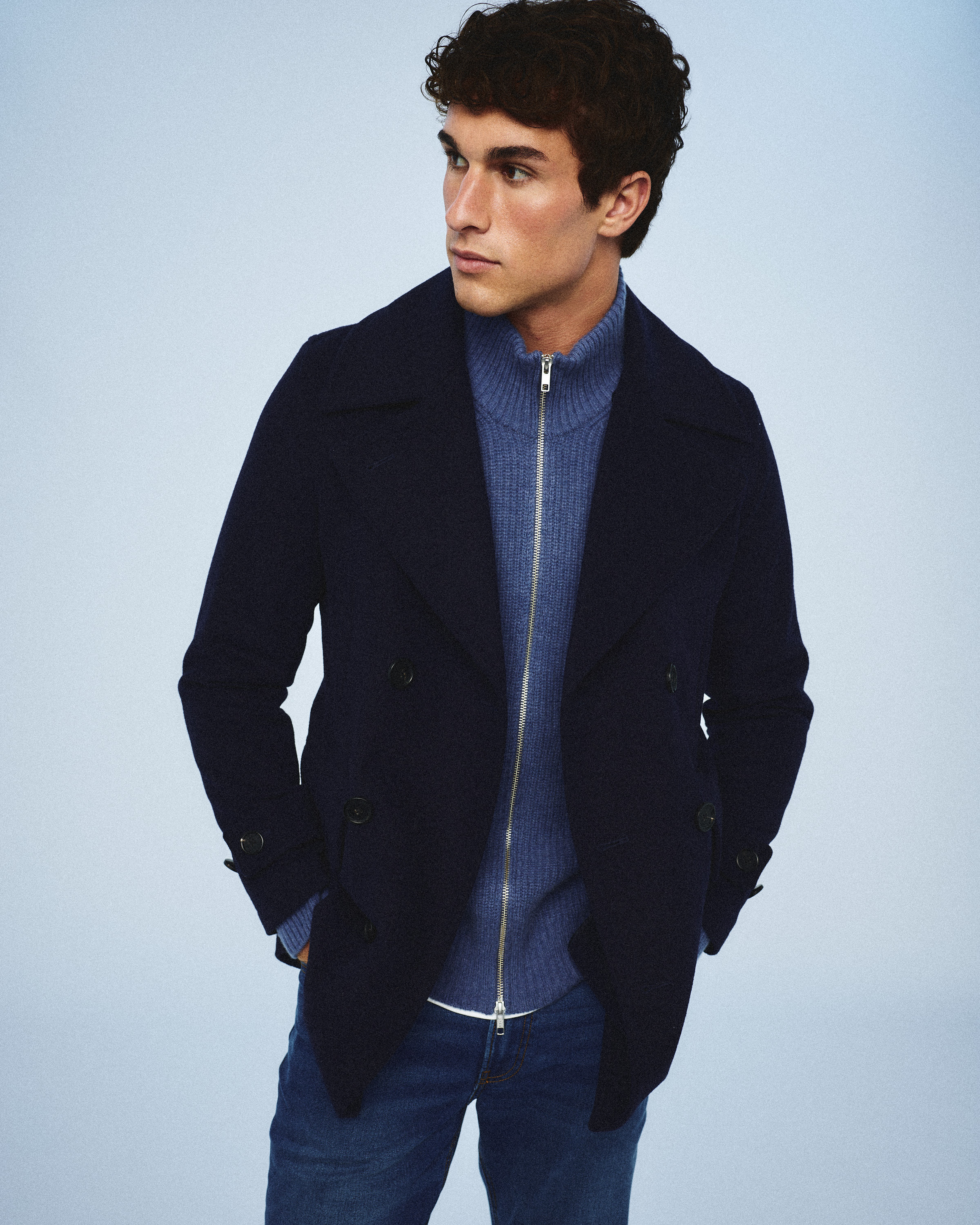 Men's Mongolian Cashmere Fisherman Full Zip Sweater in Heather Storm Blue, Size Medium by Quince