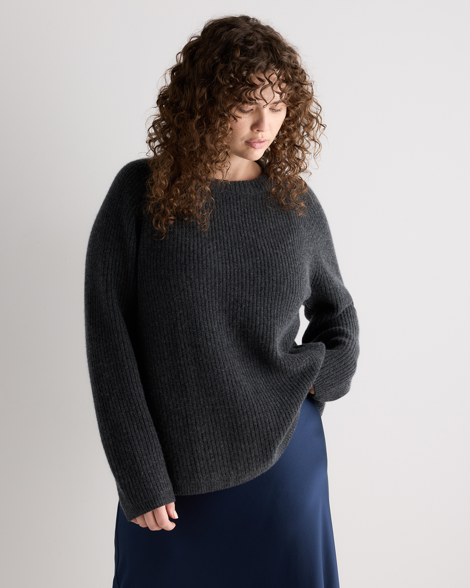 Heather Charcoal Mongolian Cashmere Fisherman Crewneck Sweater
