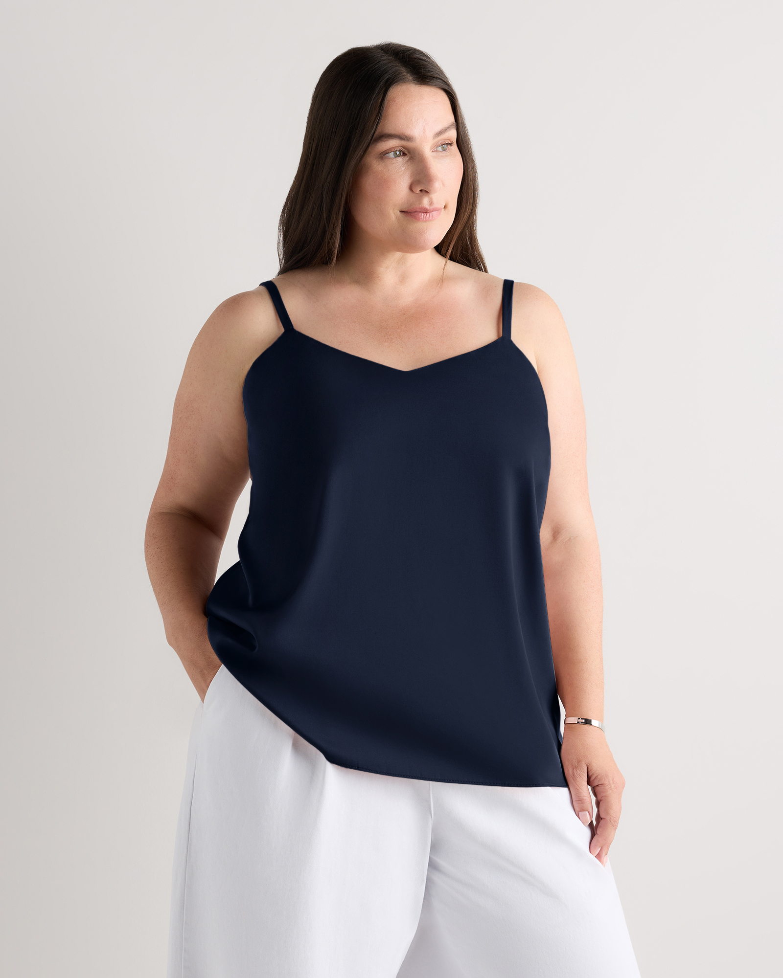Navy Washable Stretch Silk V-Neck Cami