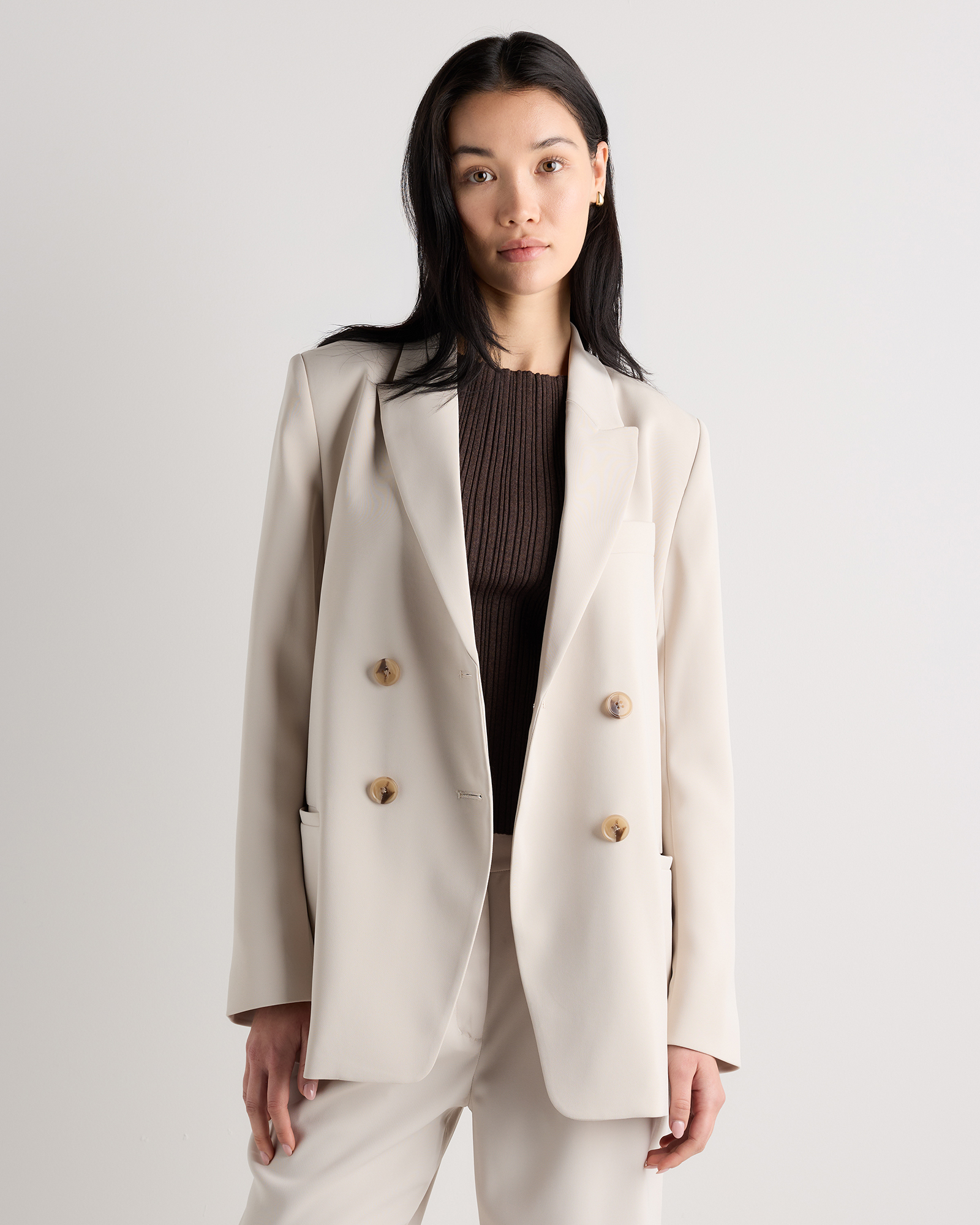 Sand Stretch Crepe Relaxed Double-Breasted Blazer