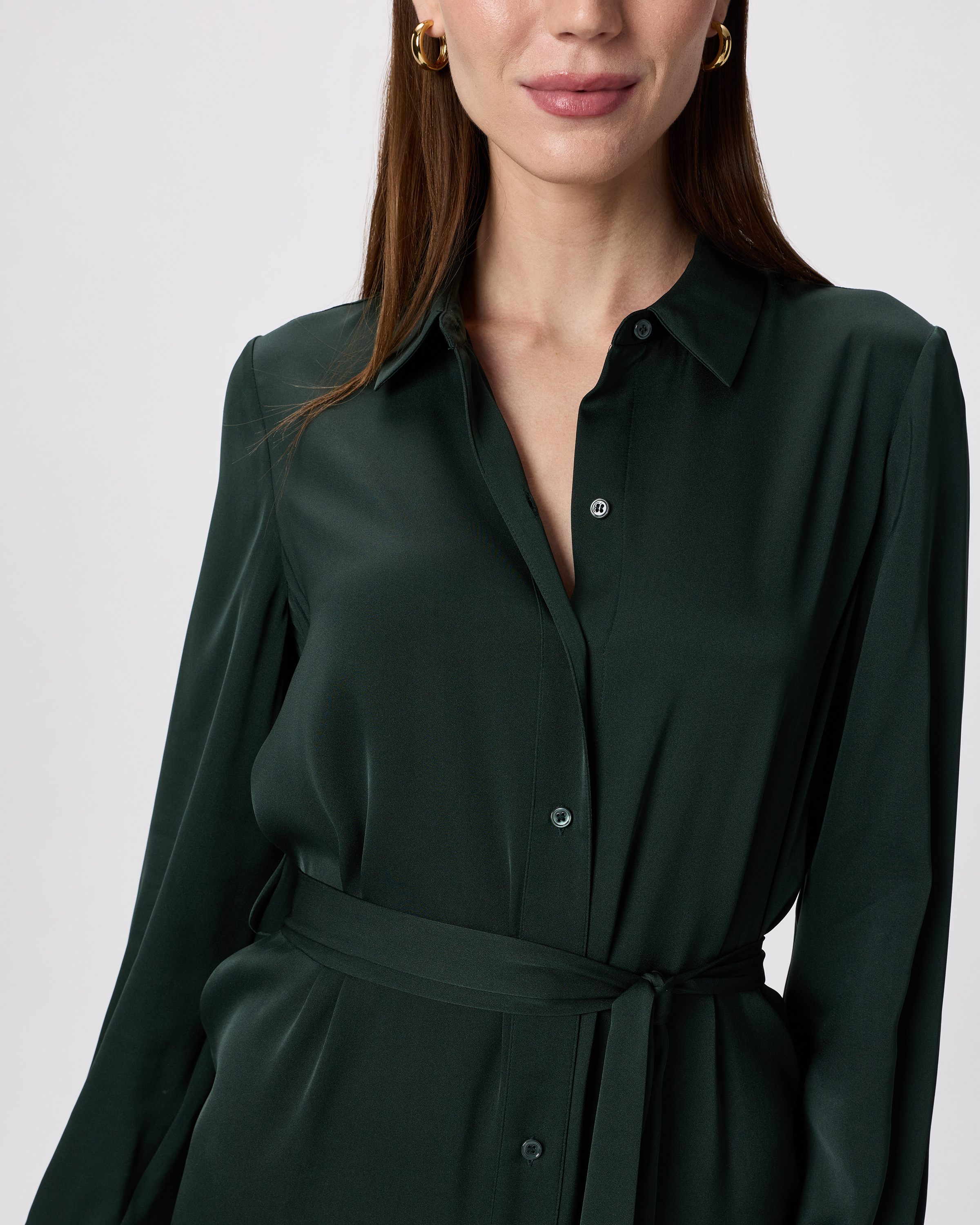 maxi silk shirt dress Washable Stretch Silk Maxi Shirt Dress in Forest Green