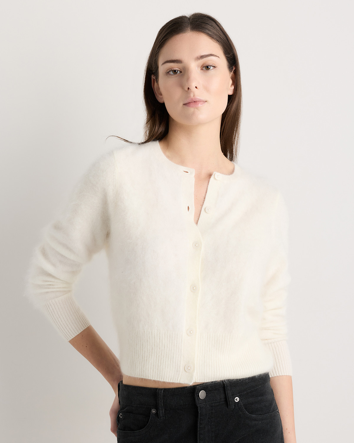 QUINCE Brushed Cashmere Cropped Crewneck Cardigan