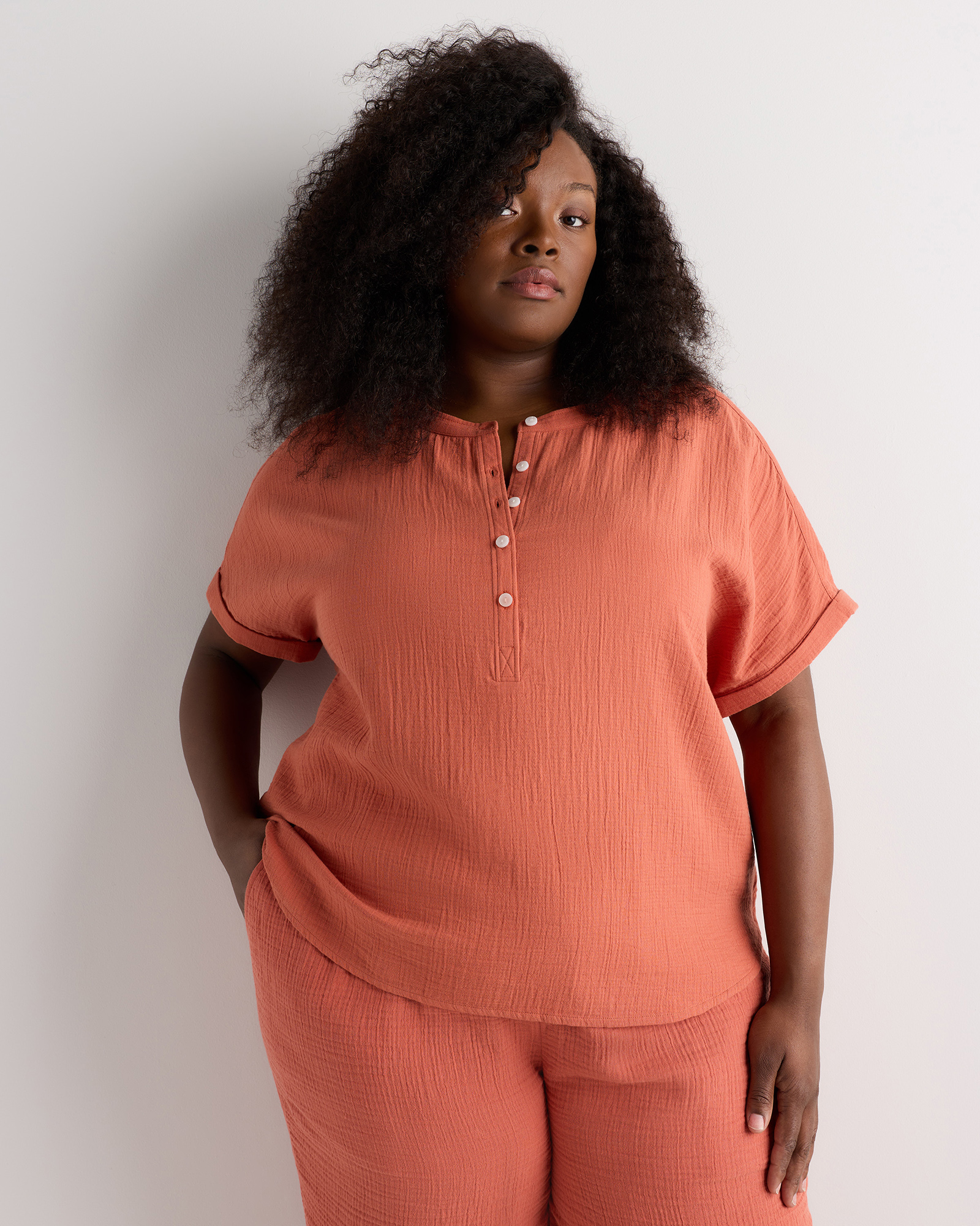 Spiced Orange 100% Organic Cotton Gauze Roll Sleeve Shirt