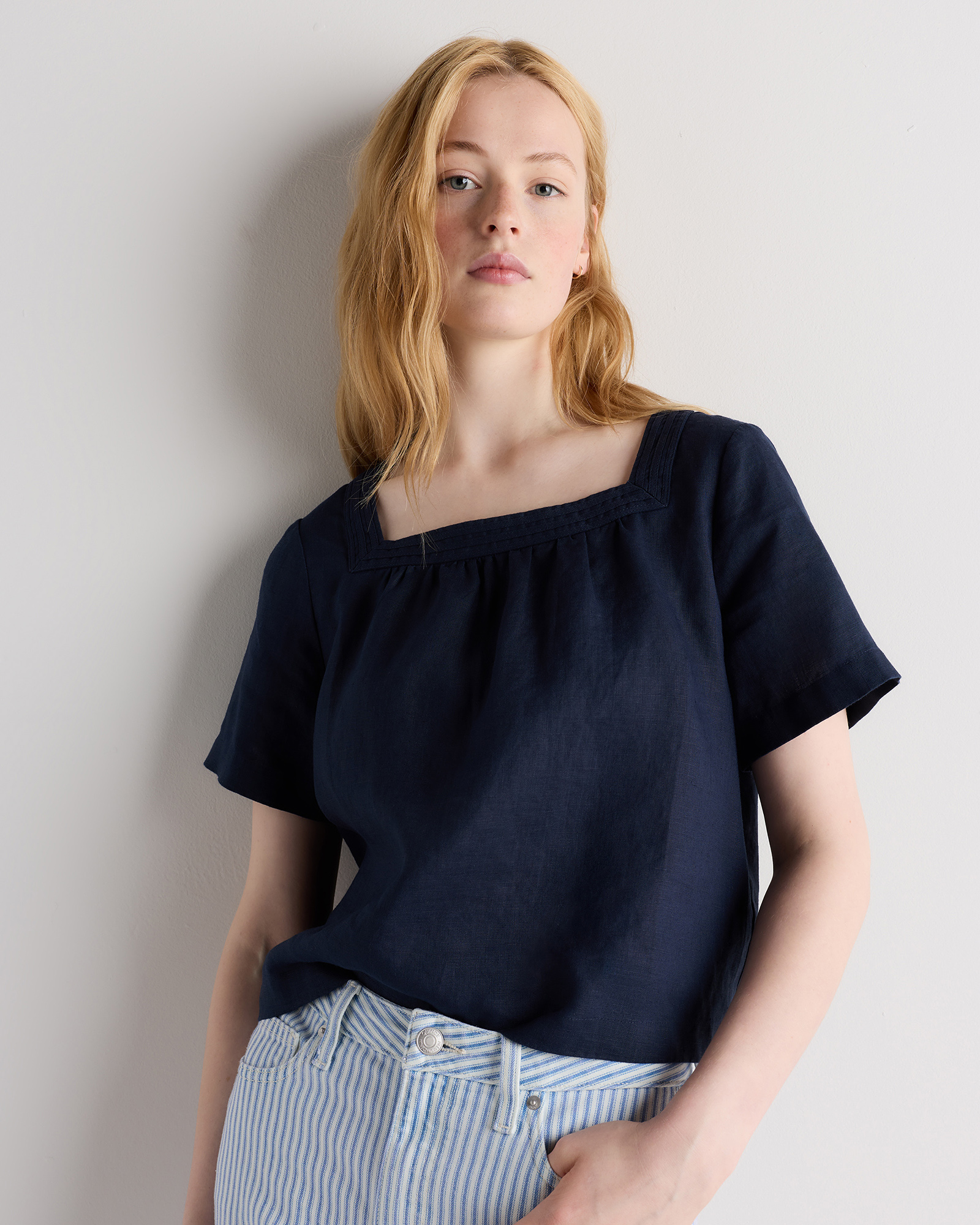Deep Navy 100% European Linen Square Neck Swing Top