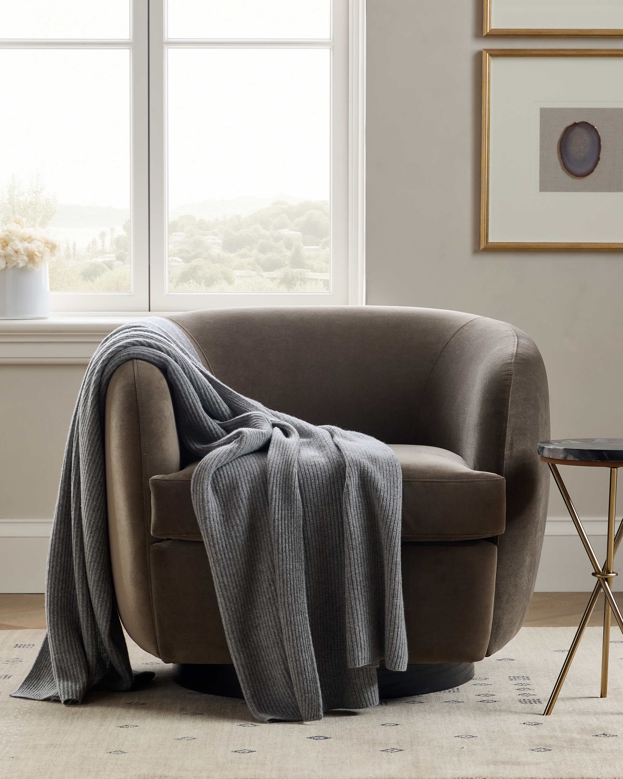 Heather Grey Ribbed Knit Cashmere Throw