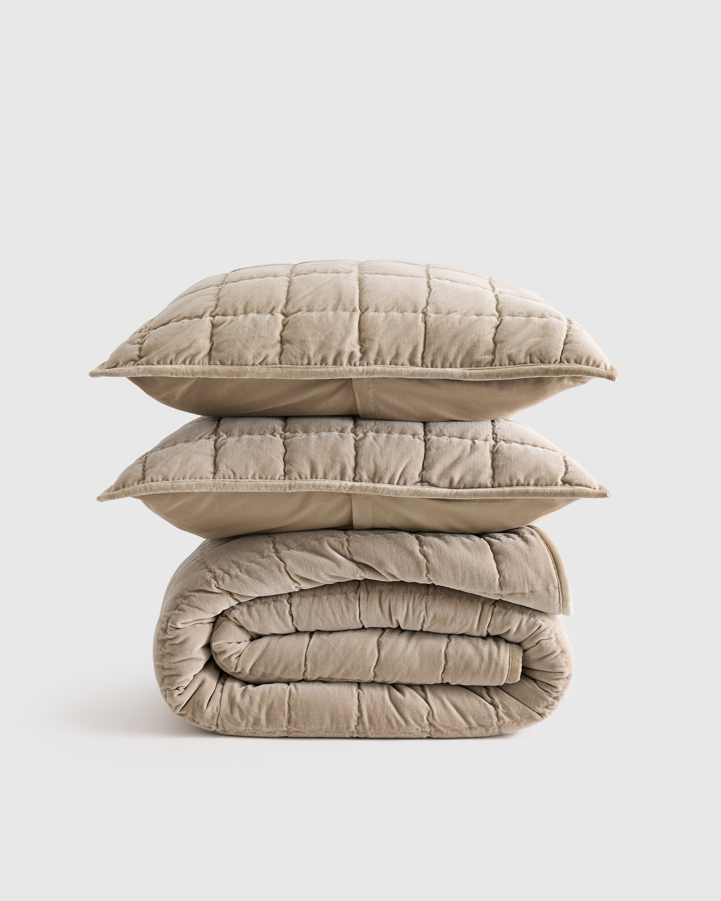 Light Taupe Cotton Velvet Quilt Set