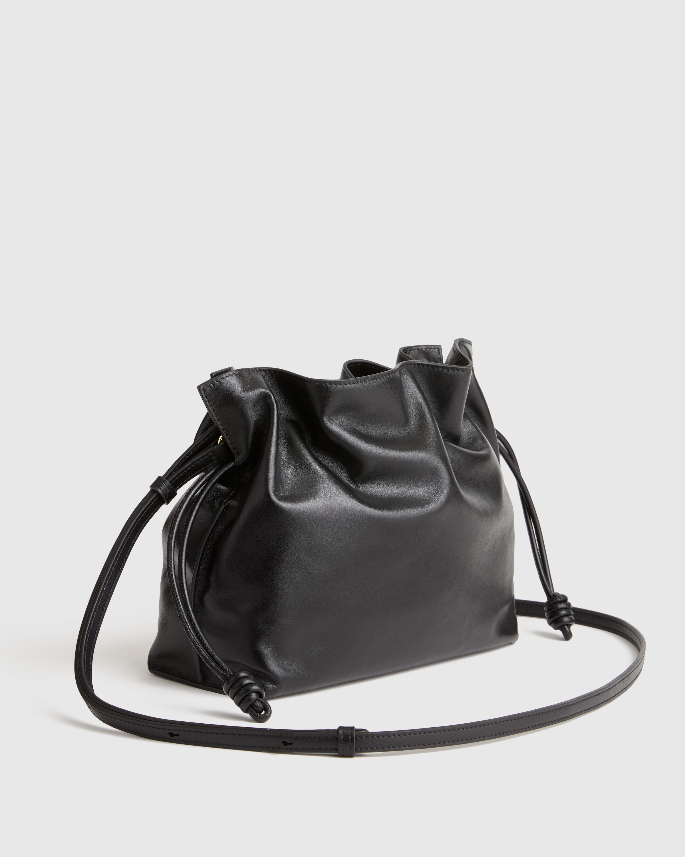 Italian Leather Drawstring Pouch Crossbody in Black