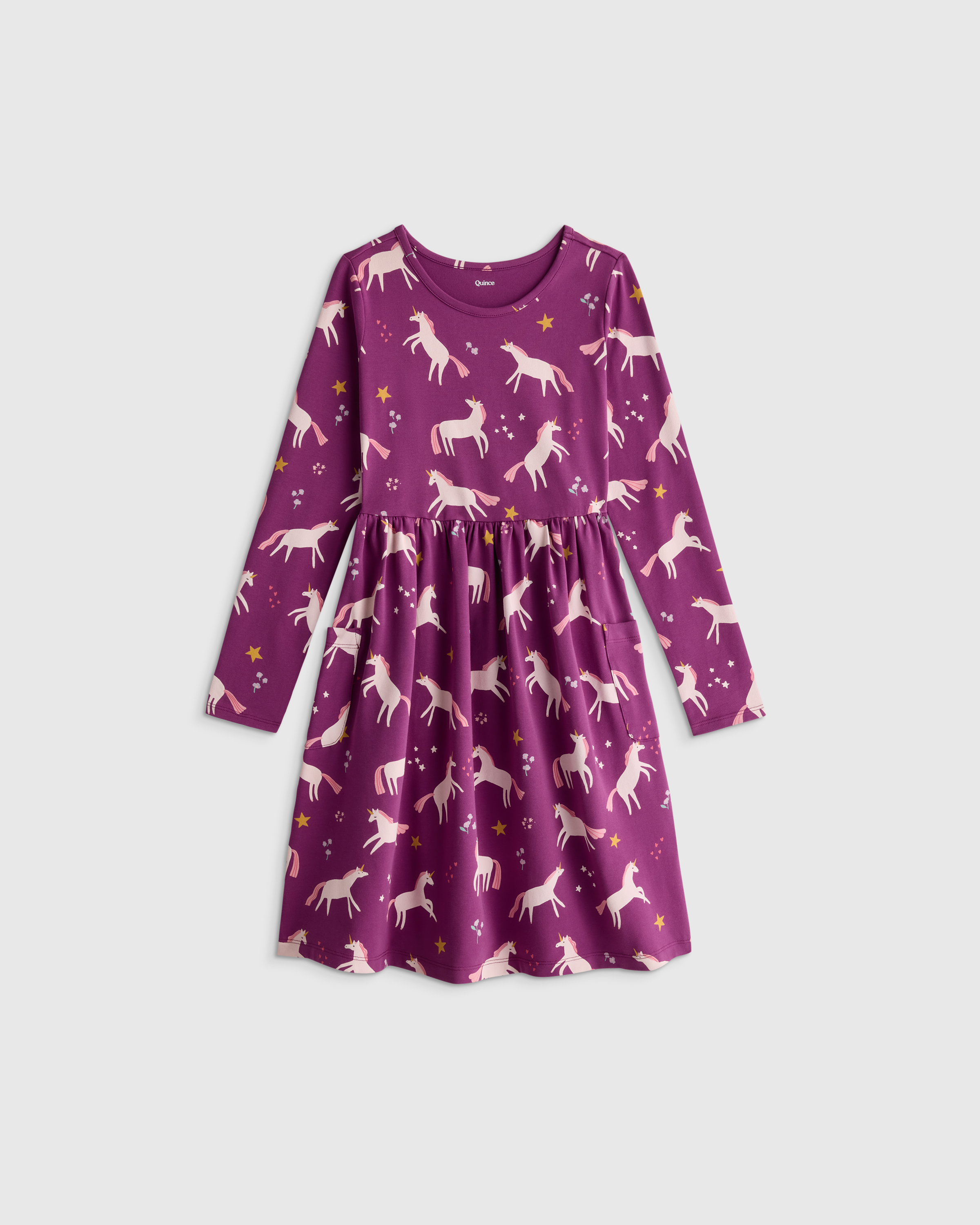 Purple Unicorn Organic Cotton Long Sleeve Fit and Flare Pocket Dress 