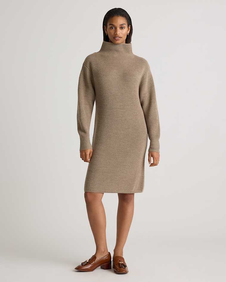 Eco-Knit Ribbed Mock Neck Sweater Dress in Warm Taupe Eco-Knit Ribbed Mock Neck Sweater Dress in Warm Taupe