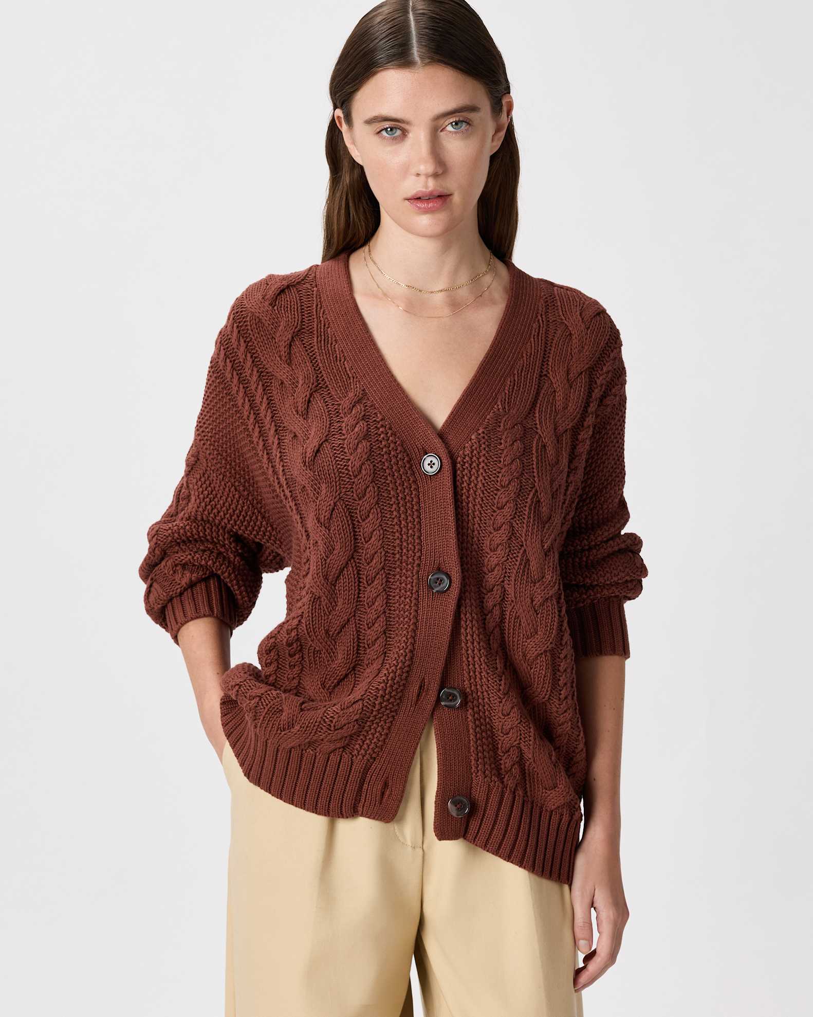 100% Organic Cotton Oversized Cable Cardigan in Redwood Brown