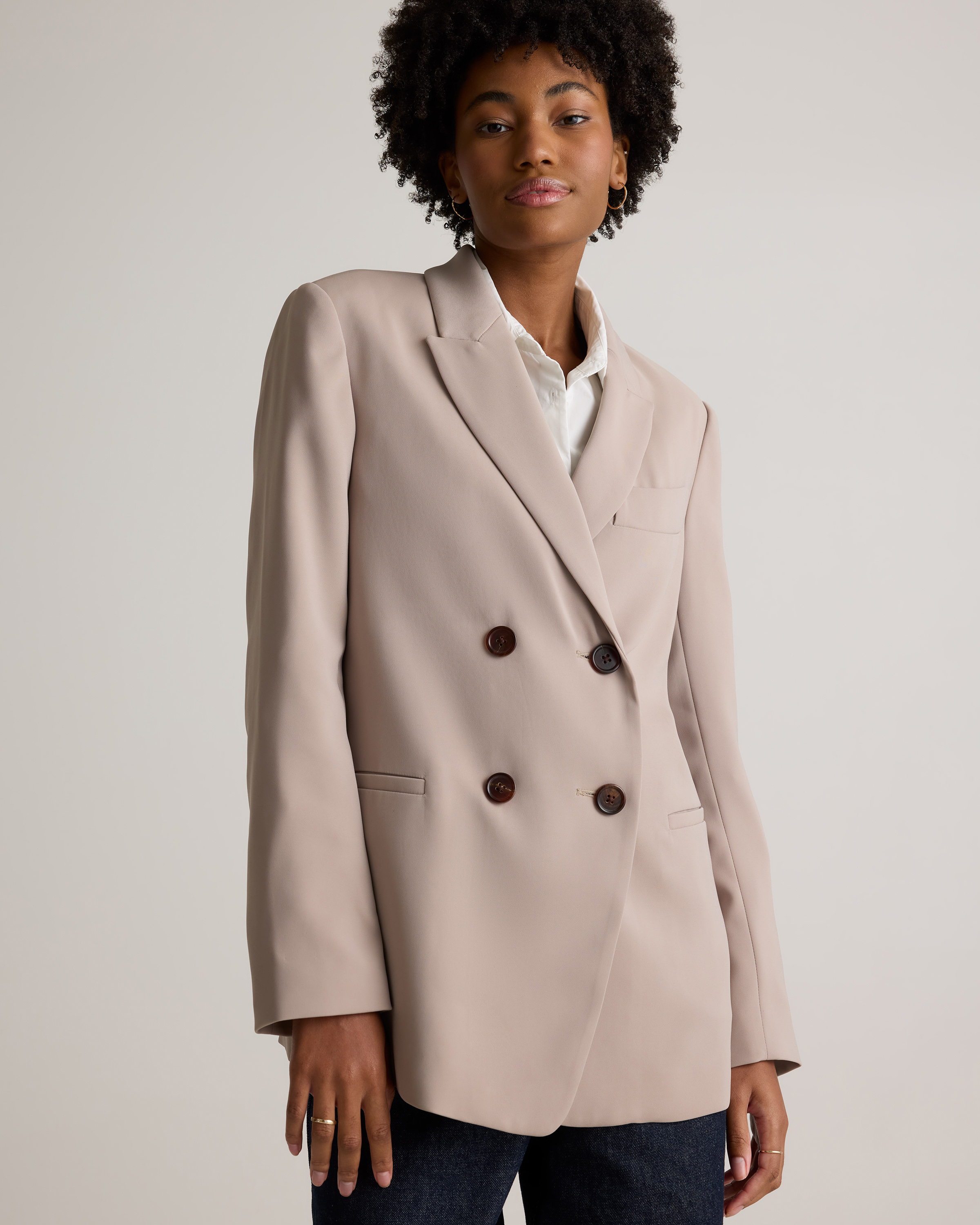 Stretch Crepe Relaxed Double-Breasted Blazer in Morel