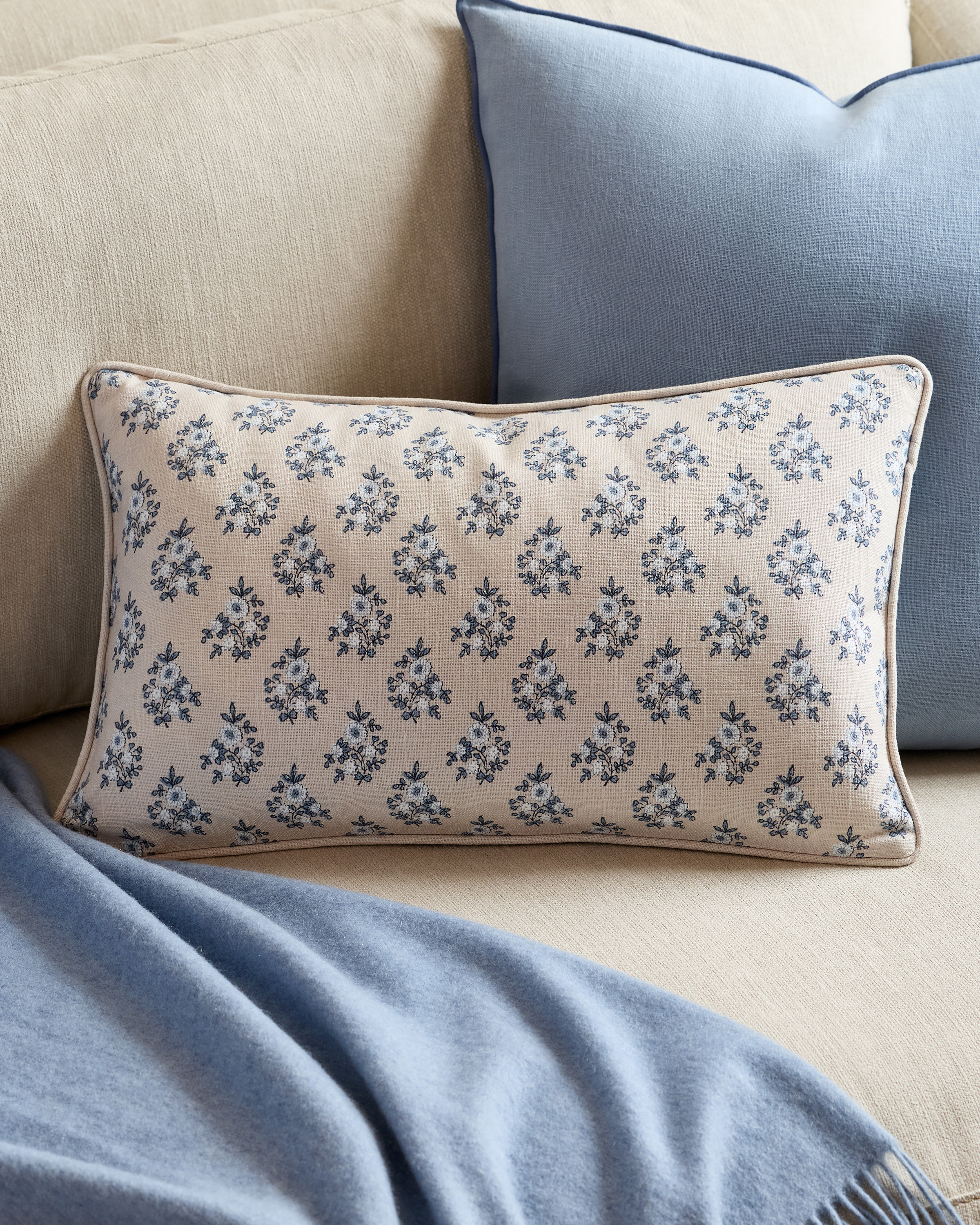 Natural Piped Block Print Cotton Pillow Cover