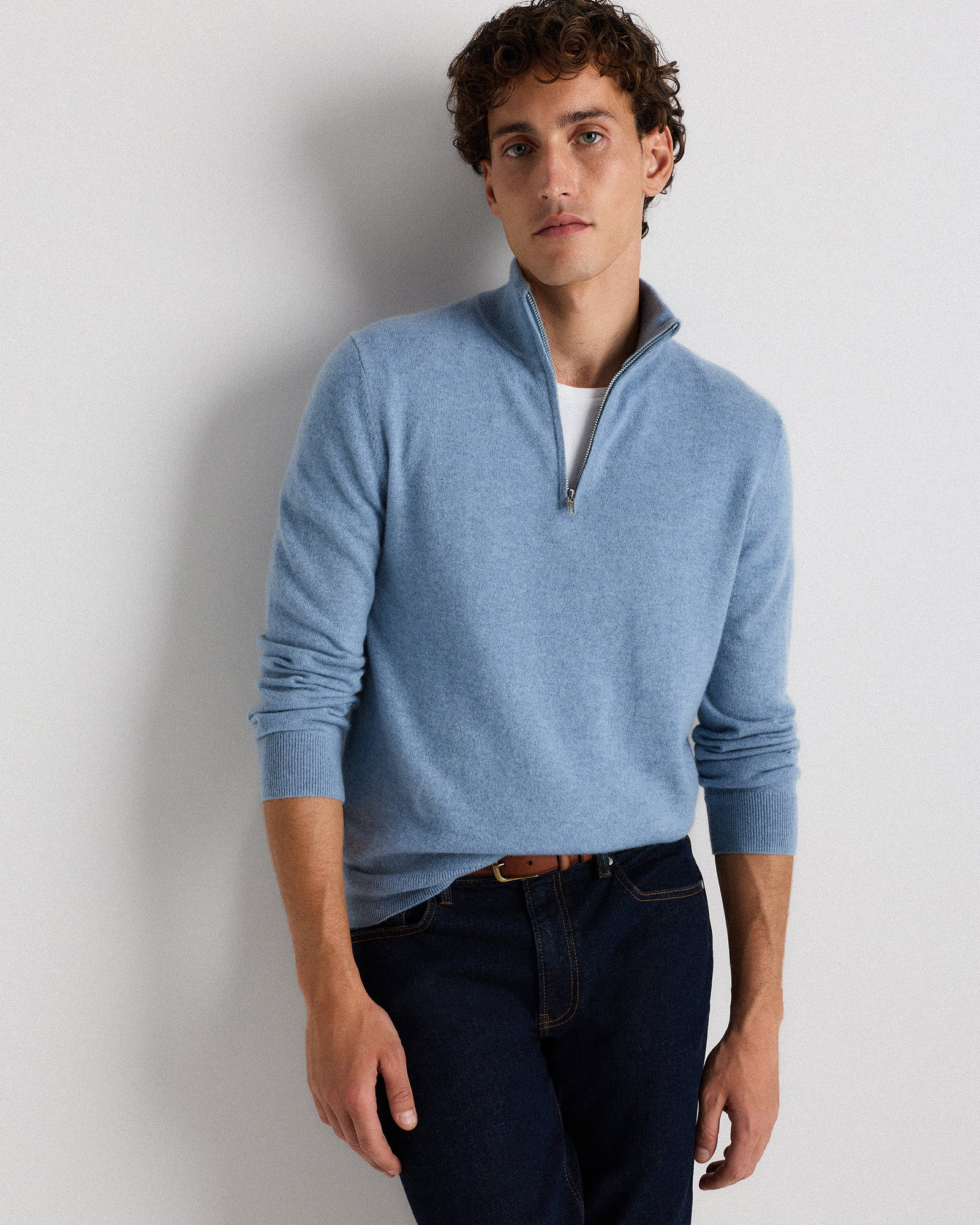 Mongolian Cashmere Quarter Zip Sweater in Faded Denim