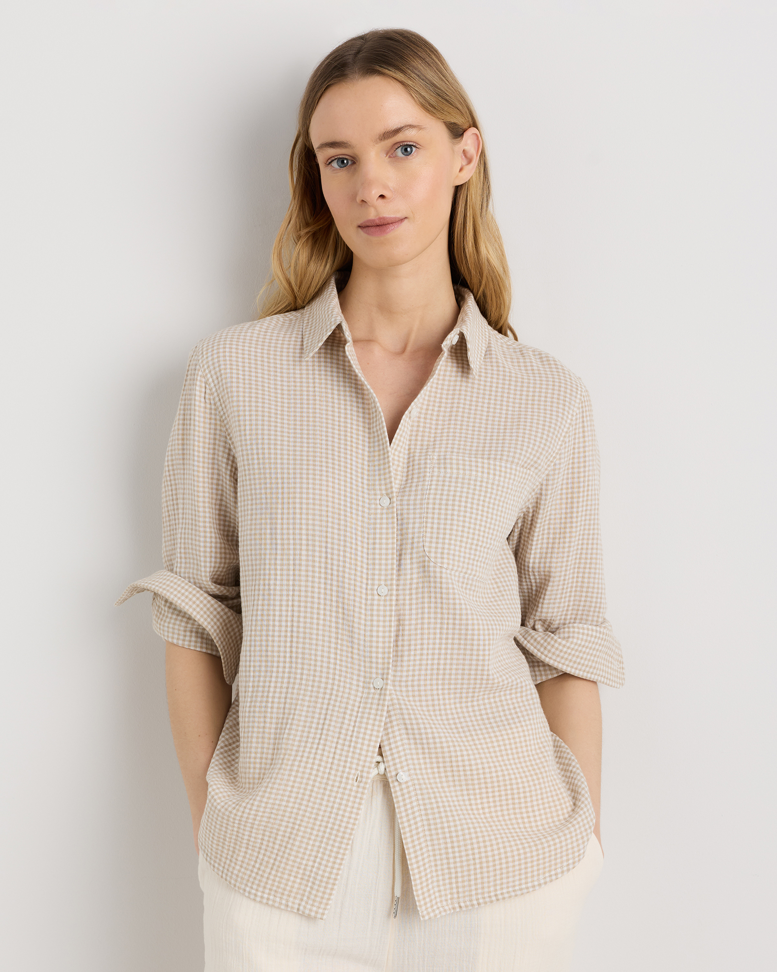 Khaki Gingham 100% Organic Cotton Gauze Long Sleeve Shirt