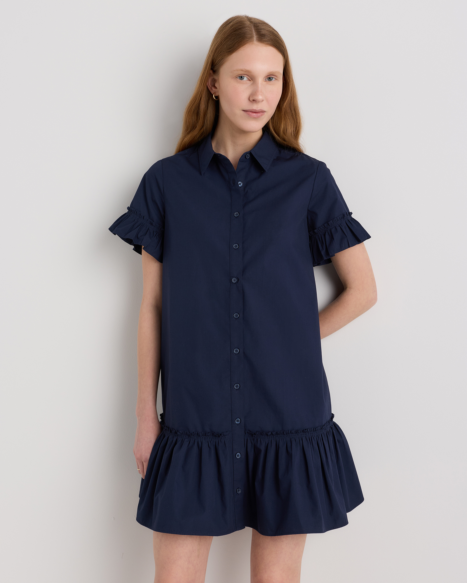 Navy 100% Organic Cotton Poplin Short Sleeve Ruffle Shirt Dress