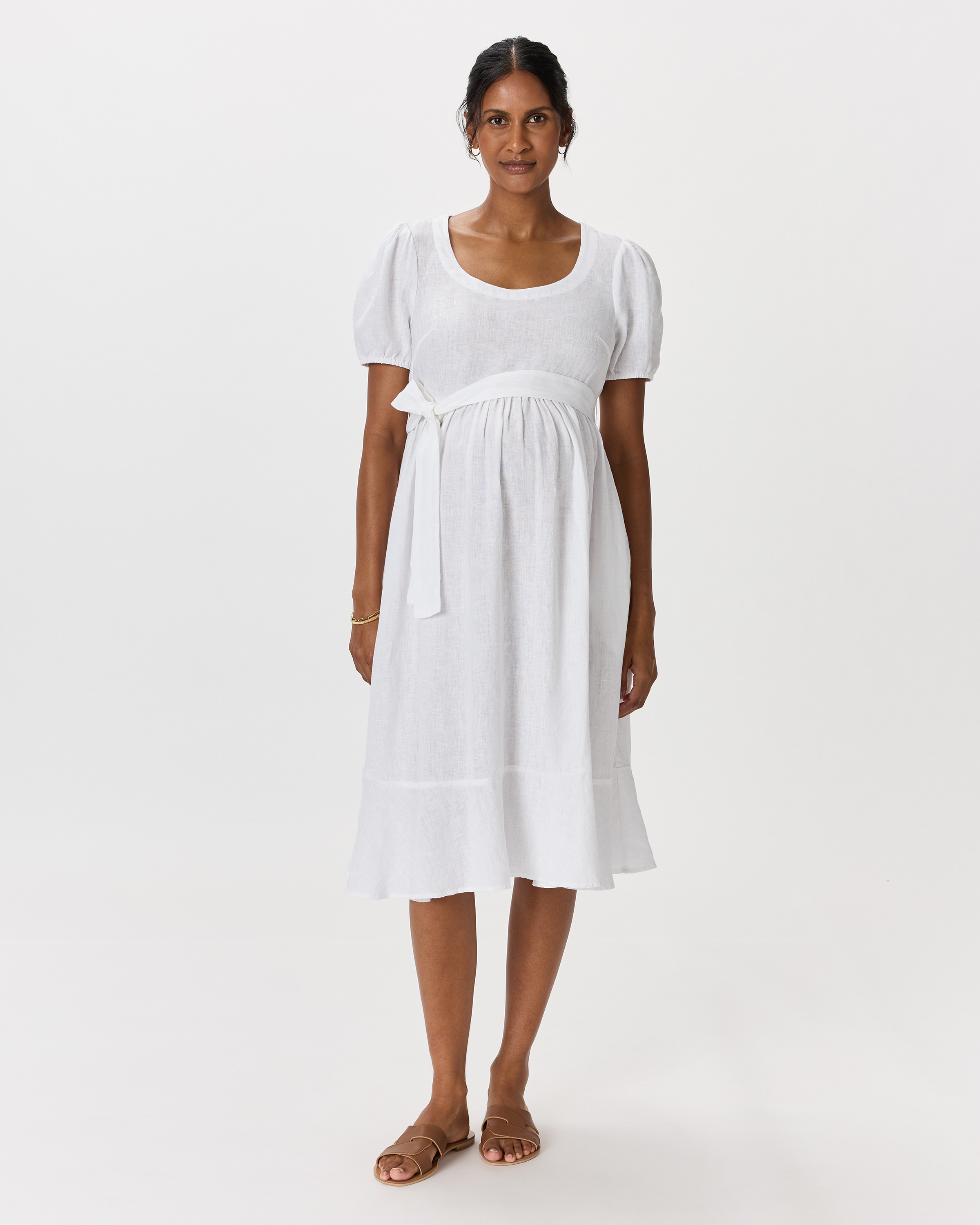 White 100% European Linen Maternity Short Sleeve Midi Dress 