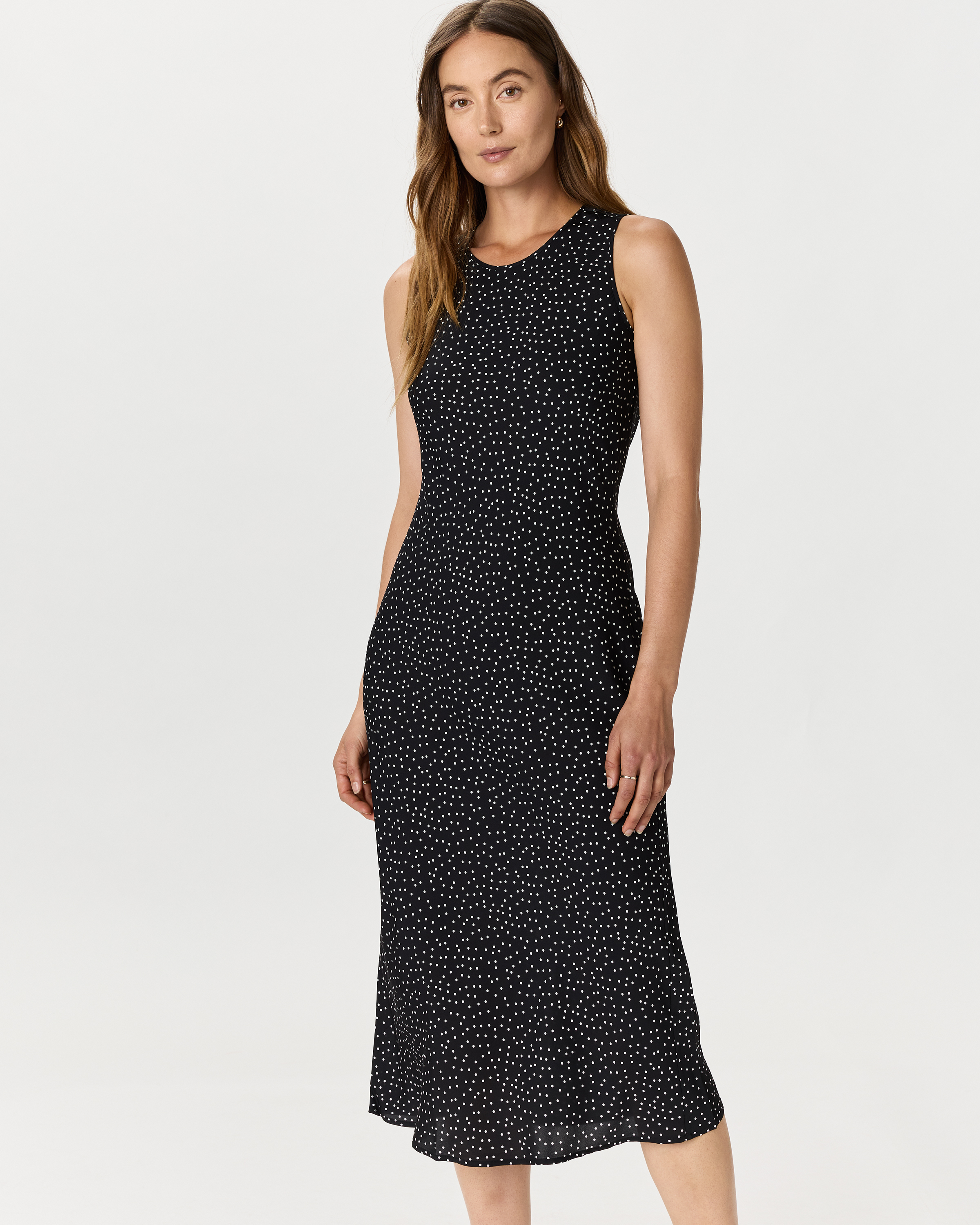 Tiny Dot Black/ White Washable Stretch Silk Tank Midi Dress