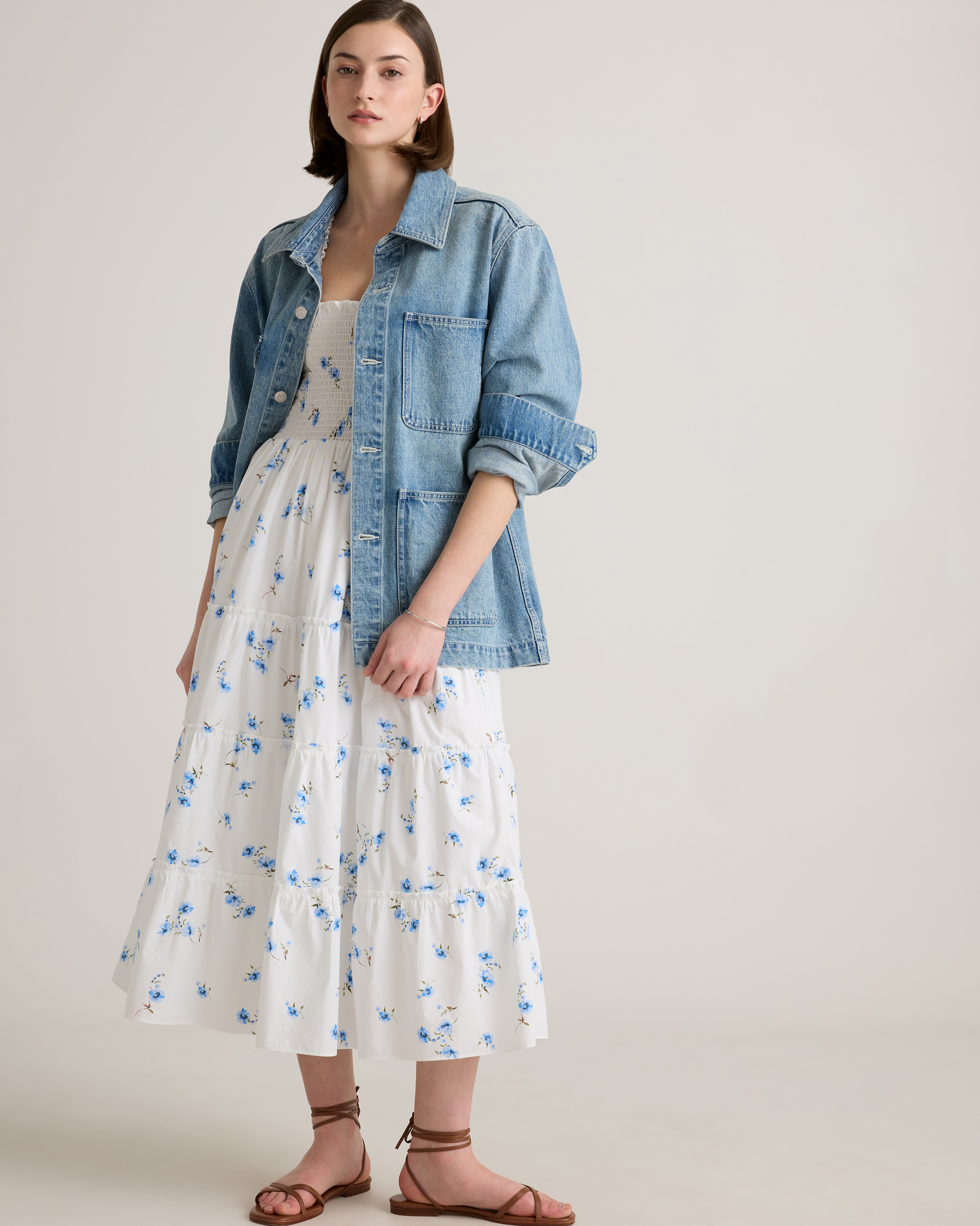 100% Organic Cotton Smocked Midi Dress in Romantic Stems