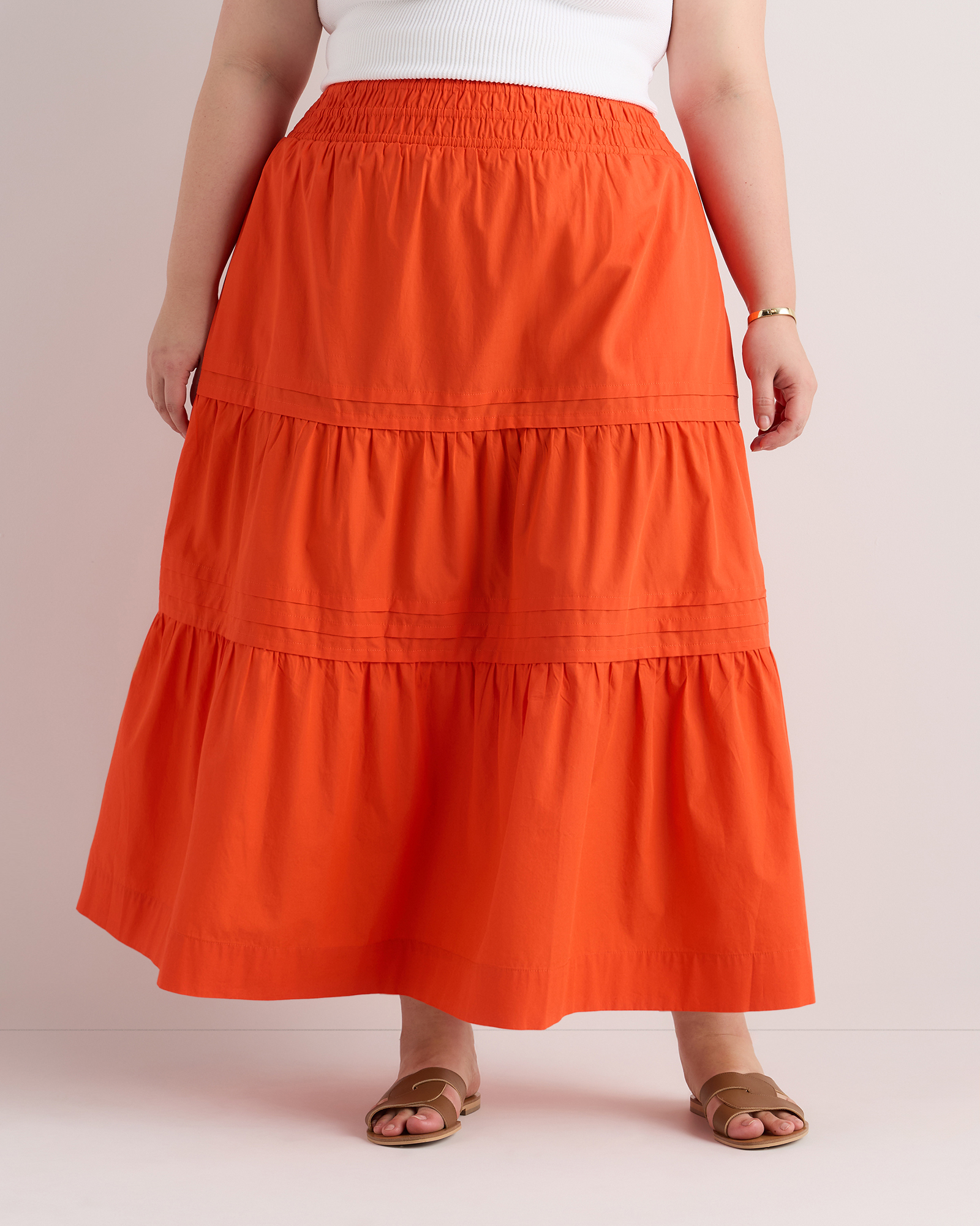 Vermillion Red 100% Organic Cotton Poplin Tiered Maxi Skirt