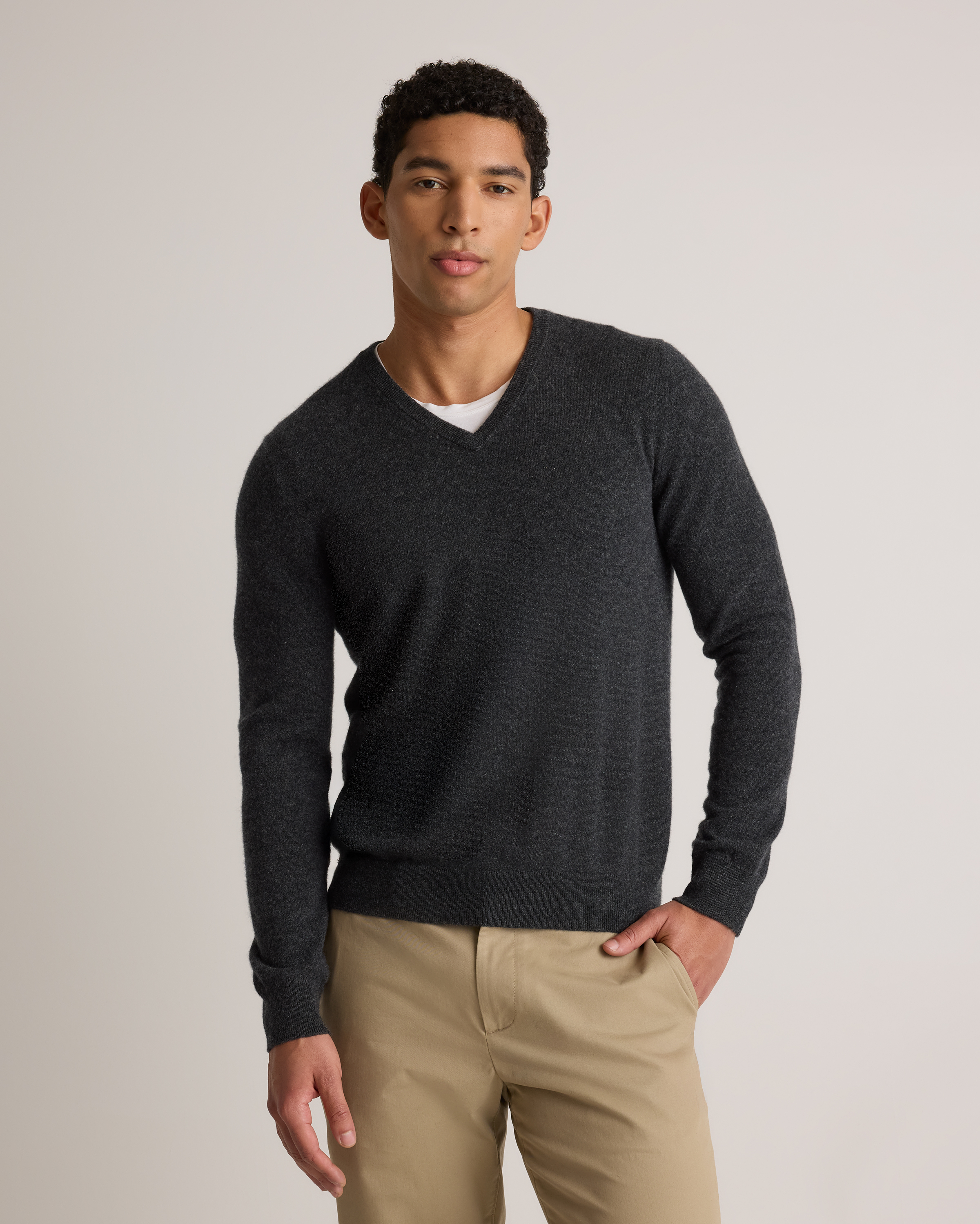 Mongolian Cashmere V-Neck Sweater in Charcoal