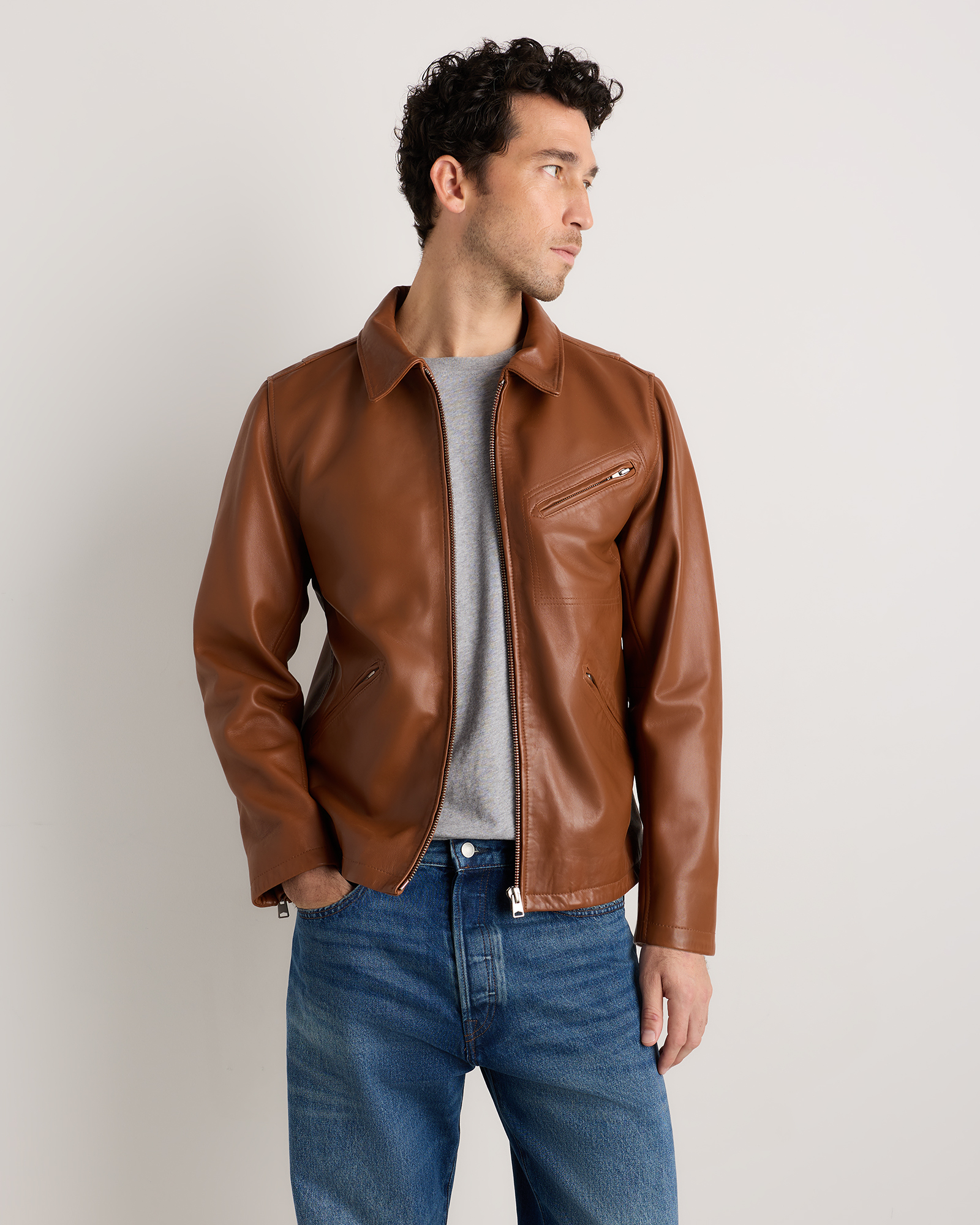 Dark Cognac Brown 100% Washed Leather Moto Jacket