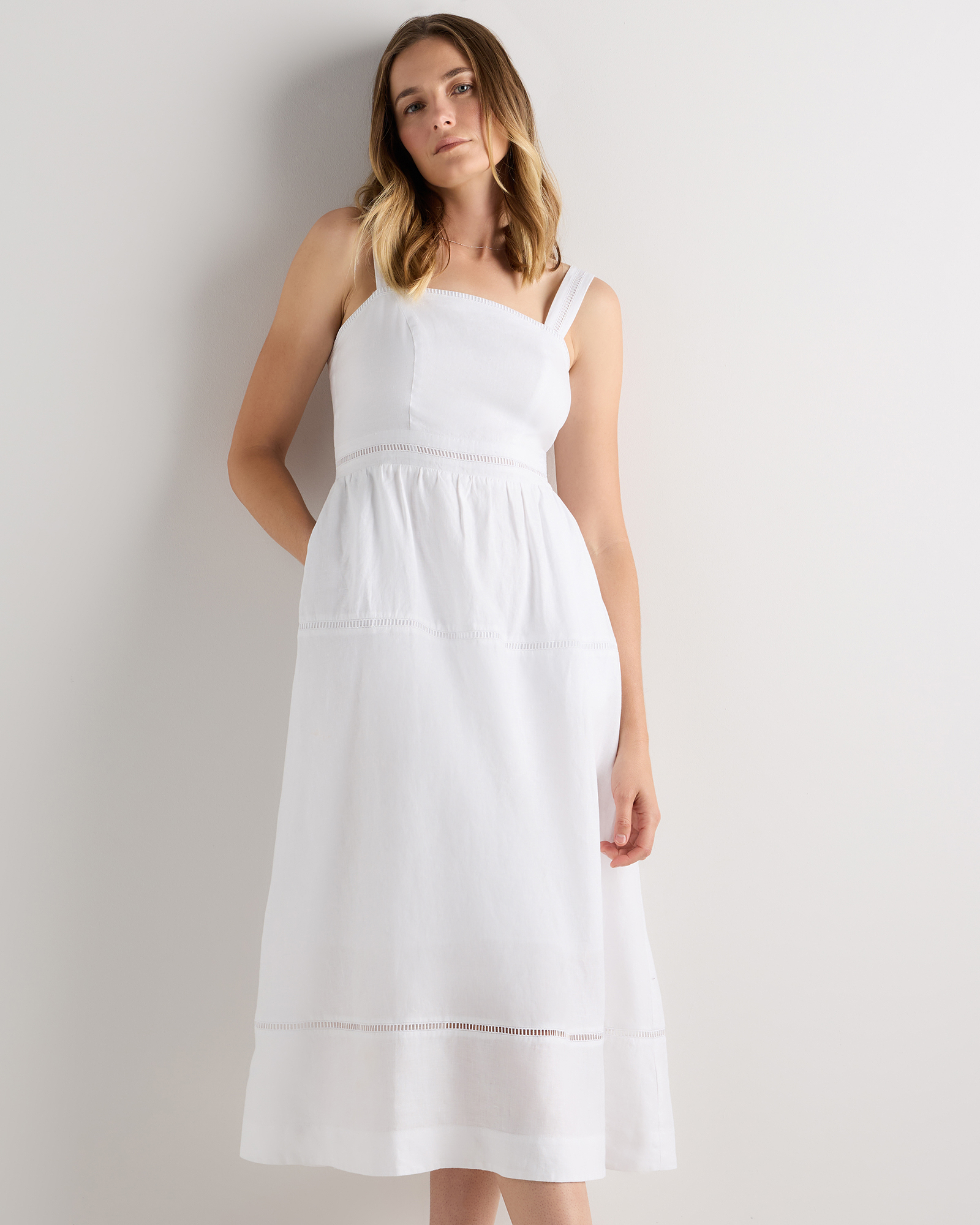 White 100% European Linen Ladder Stitch Midi Dress