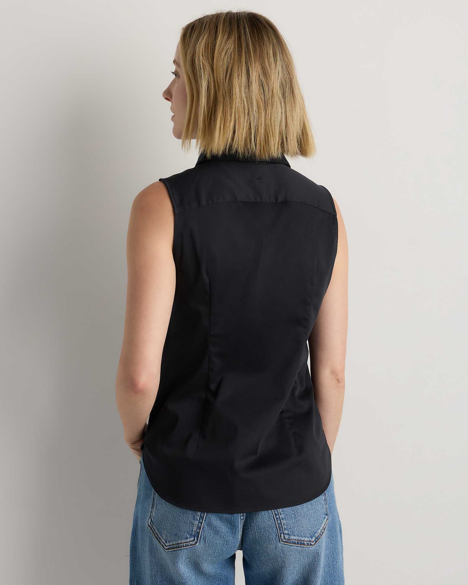 Organic Stretch Cotton Tailored Sleeveless Shirt in True Black Organic Stretch Cotton Tailored Sleeveless Shirt in True Black