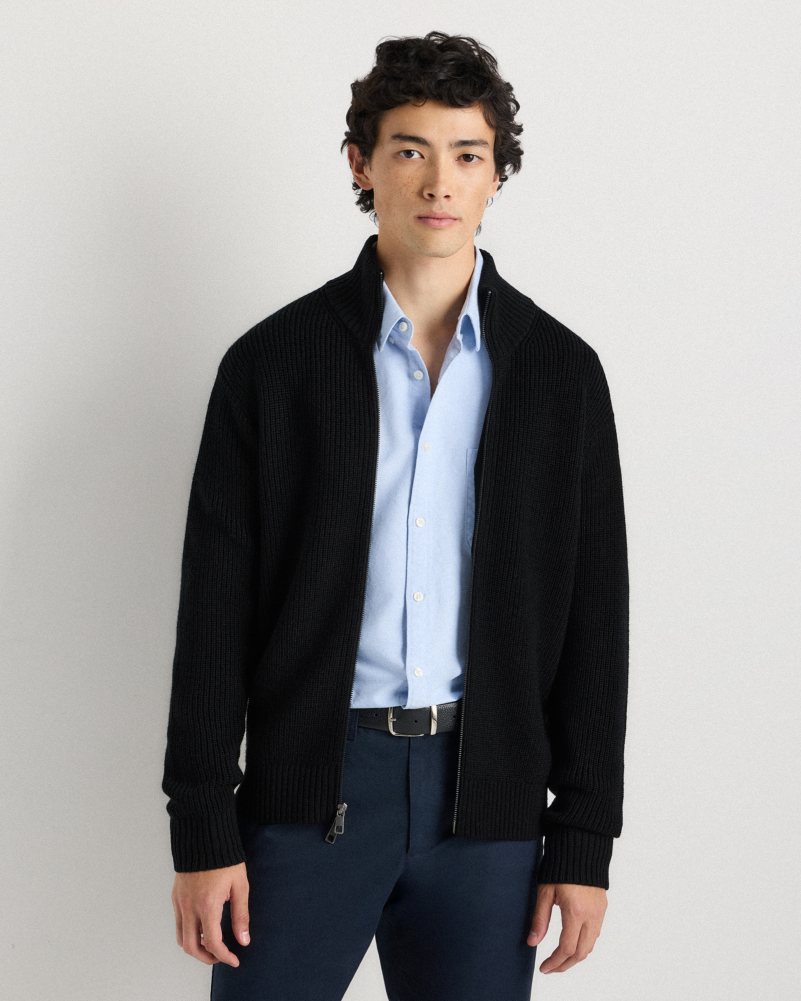 Black Australian Merino Wool Full Zip Sweater