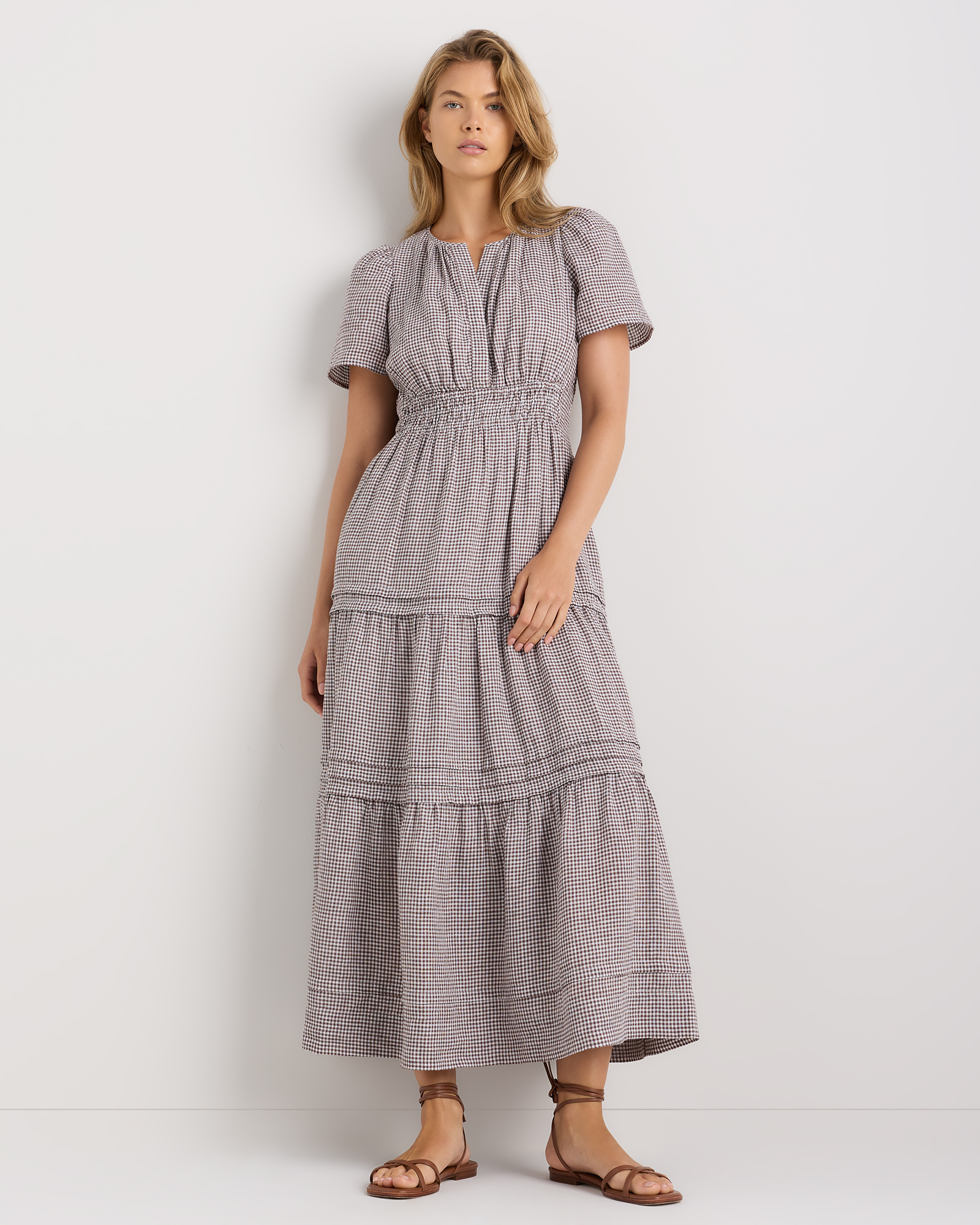 Taupe Brown Gingham 100% European Linen Tiered Maxi Dress