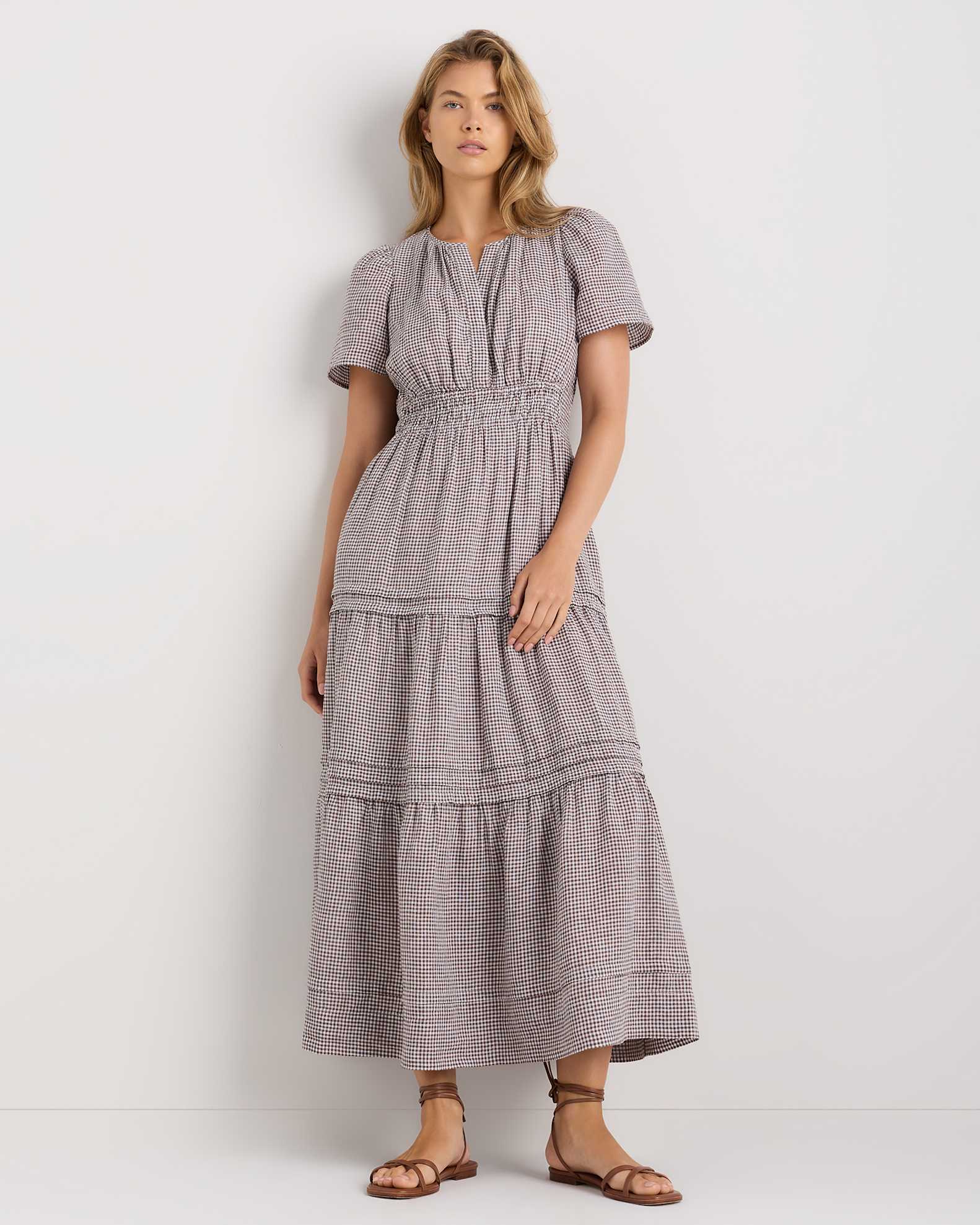 100% European Linen Tiered Maxi Dress in Taupe Brown Gingham 100% European Linen Tiered Maxi Dress in Taupe Brown Gingham