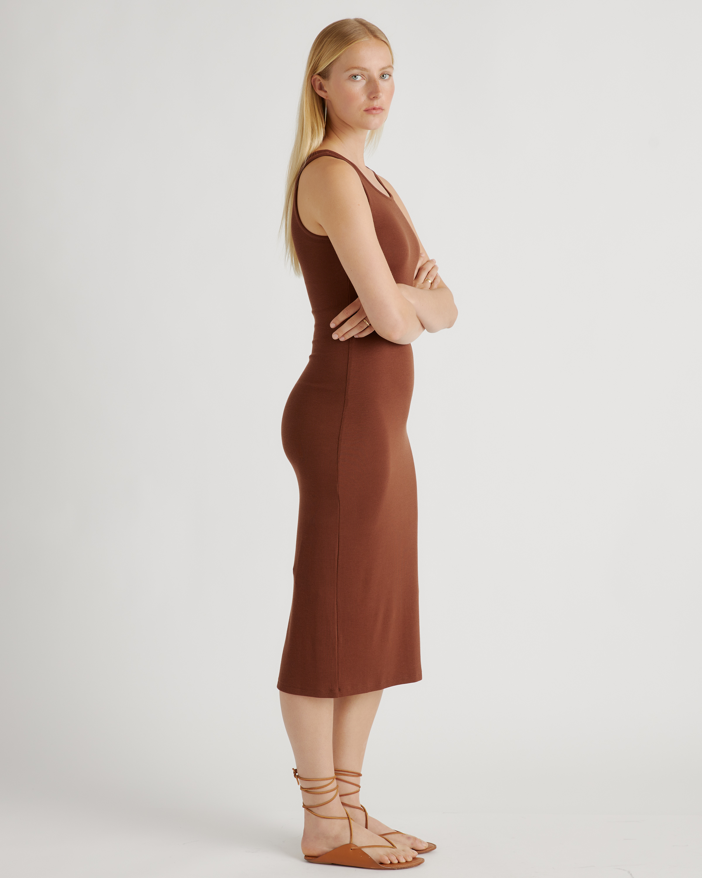 Quince Women's Tencel Rib Knit Sleeveless Midi Dress in Brown, Size Small - Soft, Breathable, Slimming & Pill-Resistant