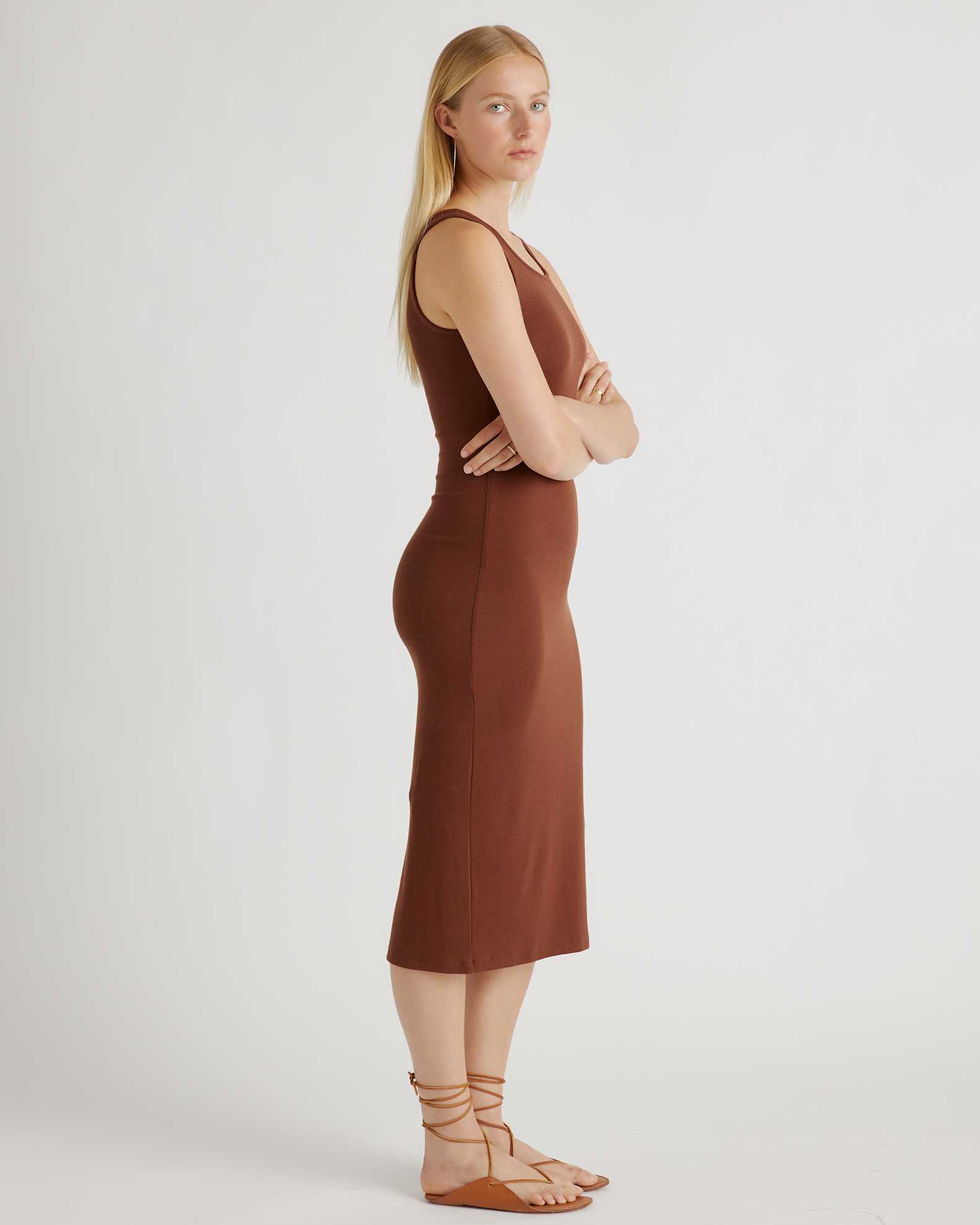 Quince Women's Tencel Rib Knit Sleeveless Midi Dress in Brown, Size Small - Soft, Breathable, Slimming & Pill-Resistant Quince Women's Tencel Rib Knit Sleeveless Midi Dress in Brown, Size Small - Soft, Breathable, Slimming & Pill-Resistant