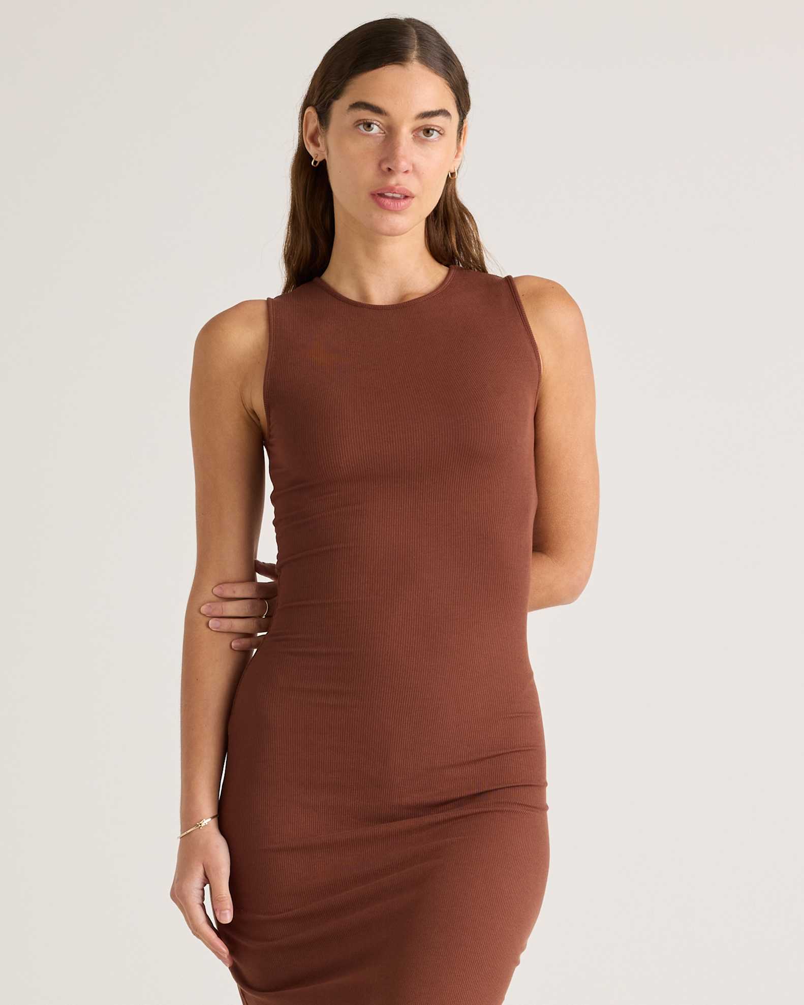 Quince Women's Tencel Rib Knit Sleeveless Midi Dress, Brown, Size Large - Soft, Breathable, Slimming & Pill-Resistant Quince Women's Tencel Rib Knit Sleeveless Midi Dress, Brown, Size Large - Soft, Breathable, Slimming & Pill-Resistant