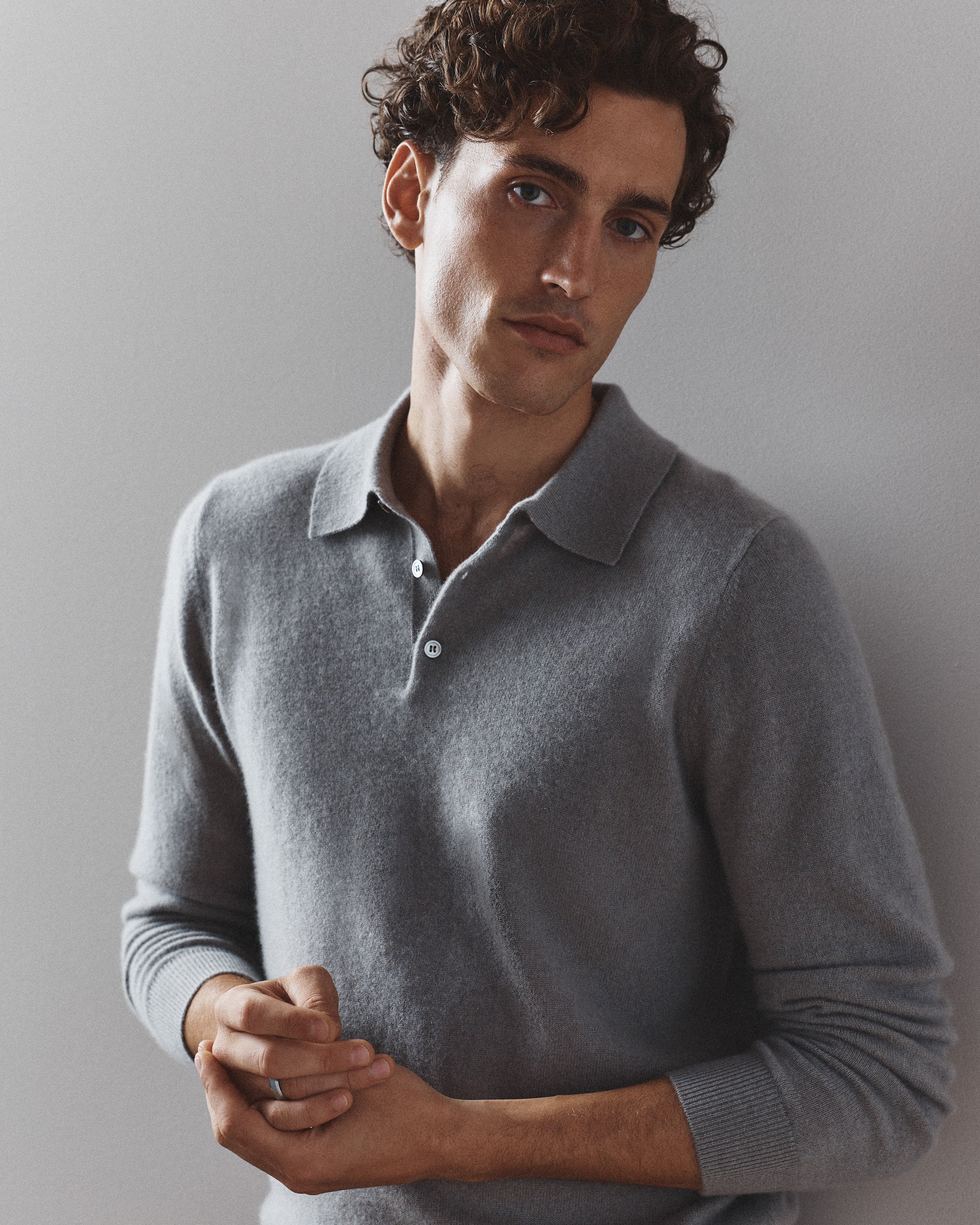 Mongolian Cashmere Polo Sweater in Heather Grey