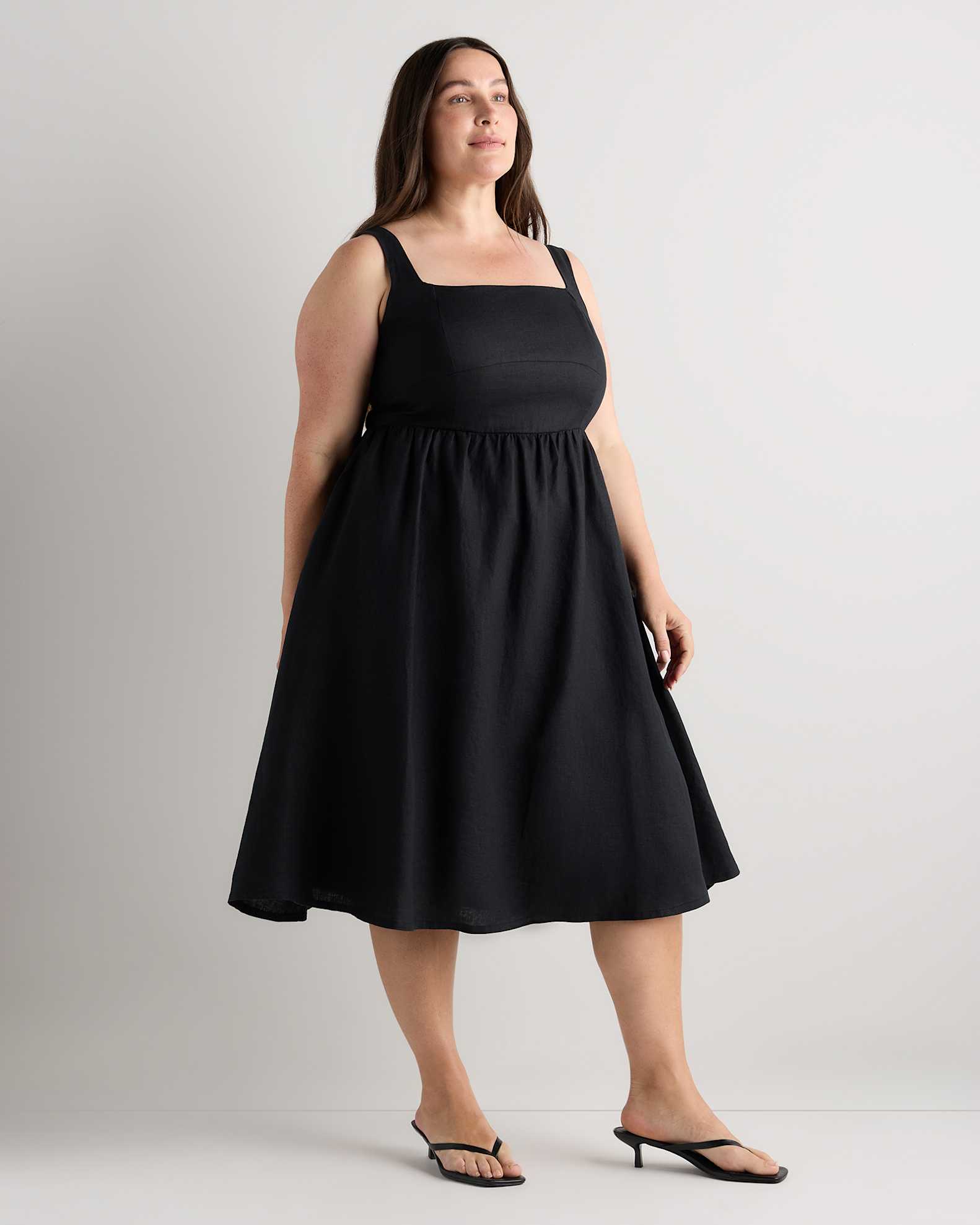 100% European Linen Fit & Flare Midi Dress in Black 100% European Linen Fit & Flare Midi Dress in Black
