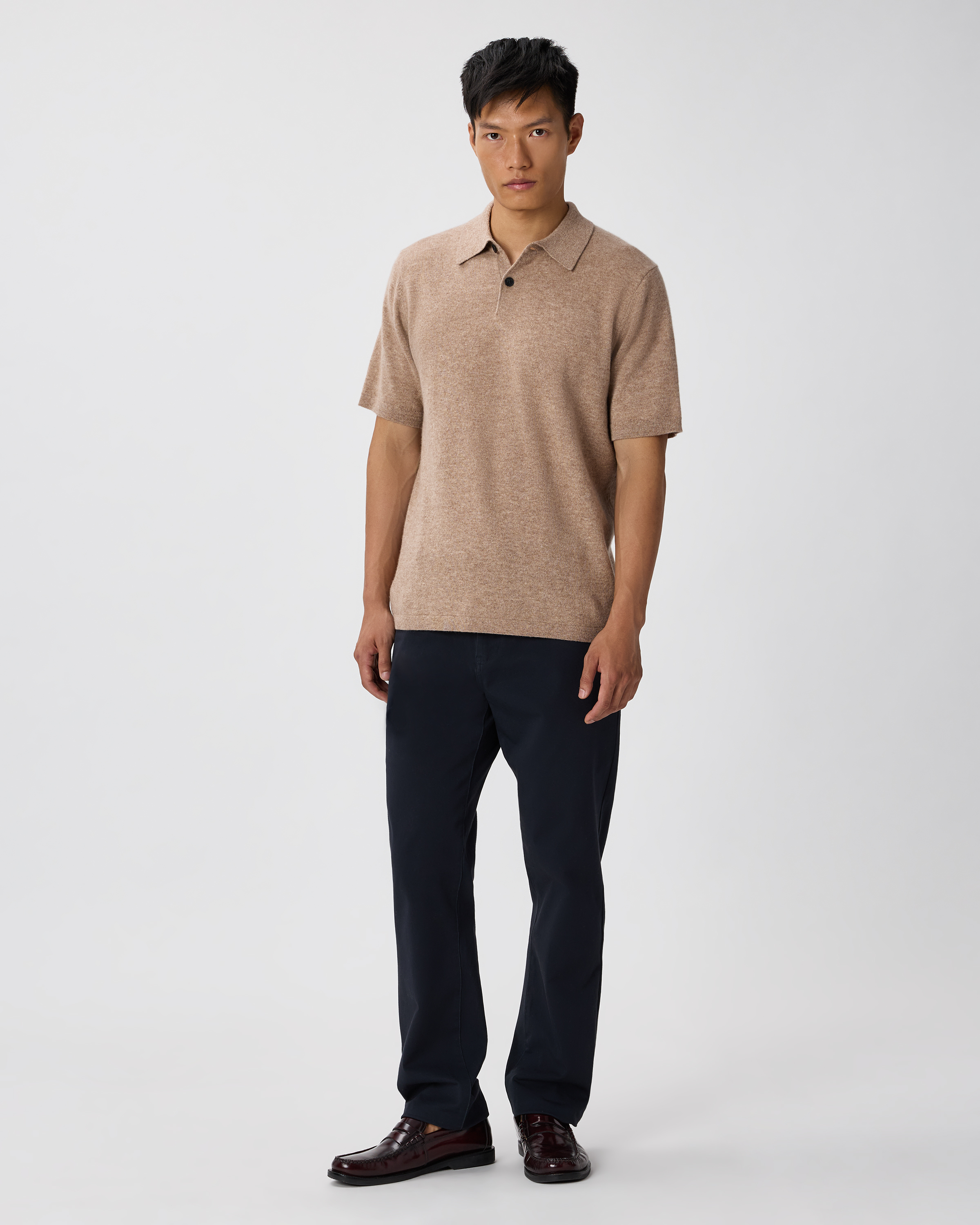 100% Mongolian Cashmere Short Sleeve Polo Sweater in Oatmeal 100% Mongolian Cashmere Short Sleeve Polo Sweater in Oatmeal
