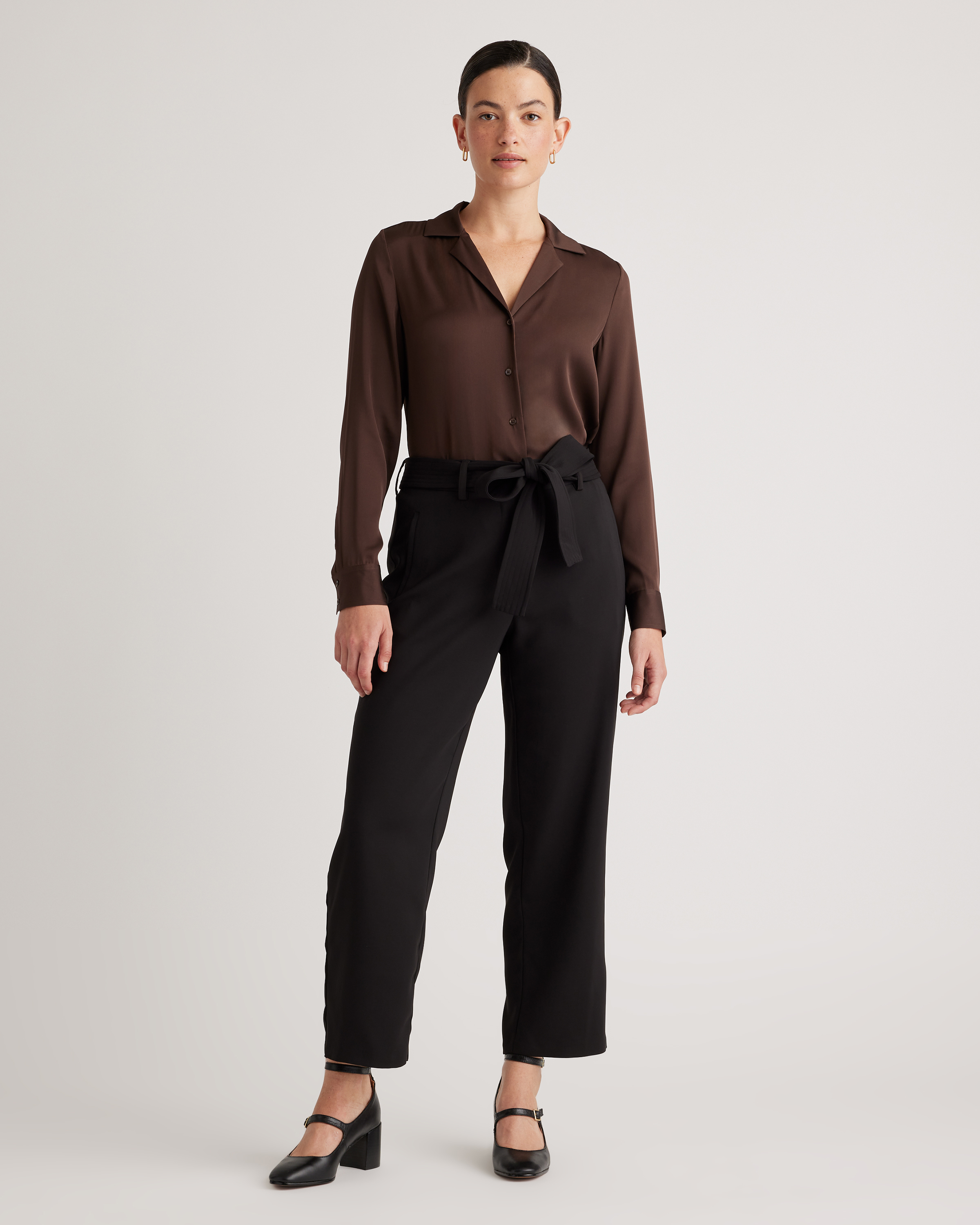 Washable Stretch Silk Notch Collar Blouse in Hot Fudge