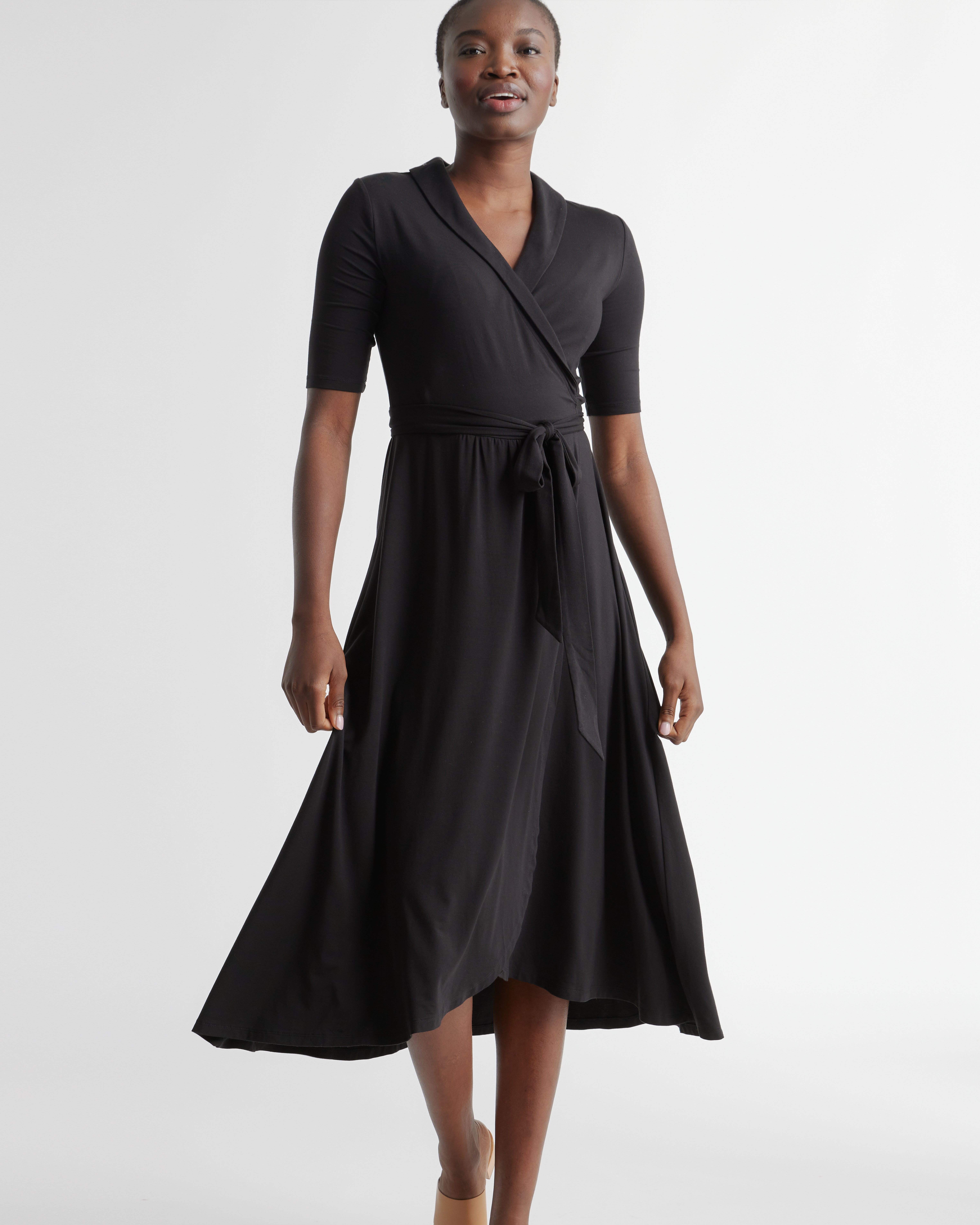 Quince Women's Tencel Jersey Midi Wrap Dress, Black, Size XS - Eco-Friendly, Comfortable, Modern Length, Rounded Collar