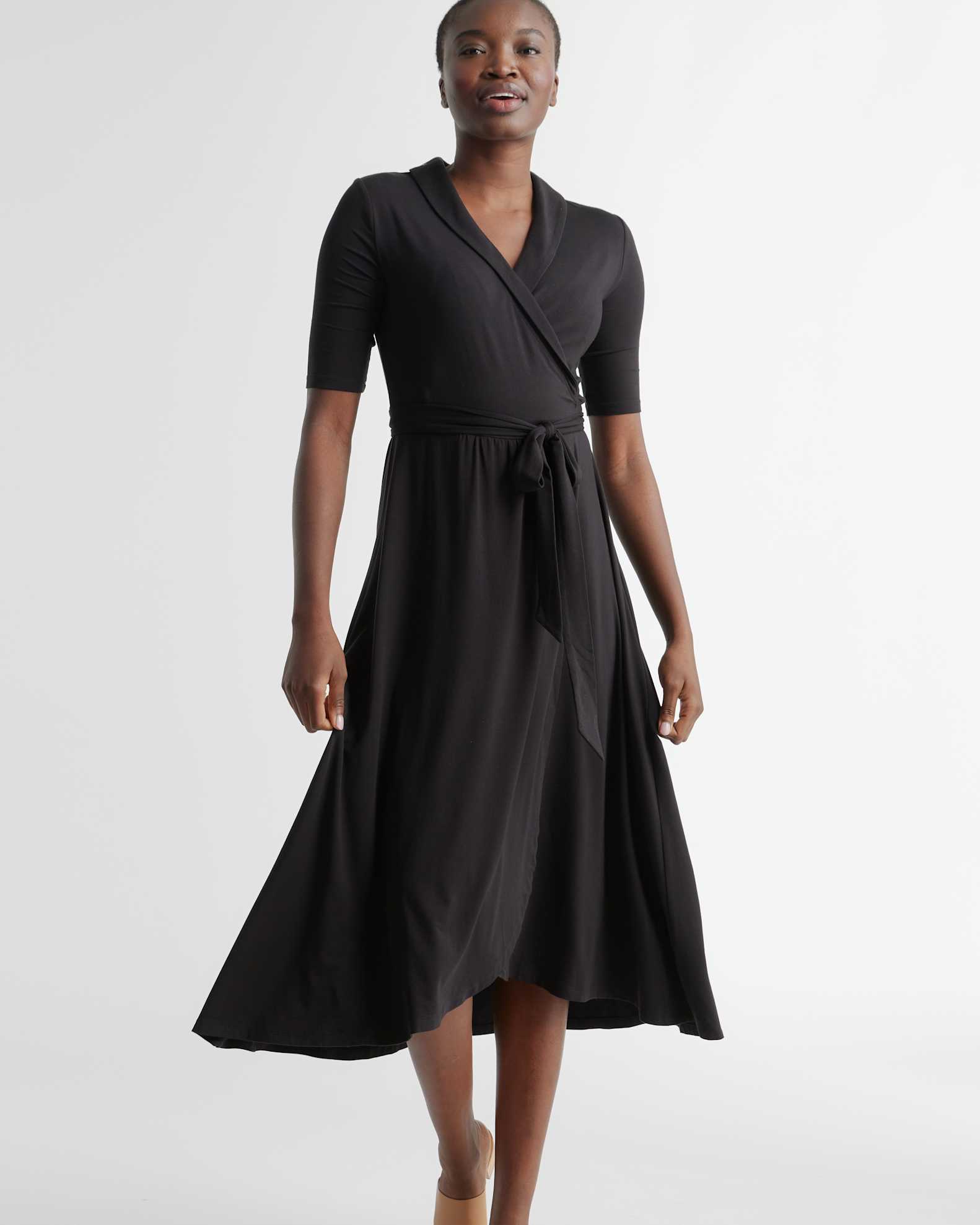 Quince Women's Tencel Jersey Midi Wrap Dress, Black, Size XS - Eco-Friendly, Comfortable, Modern Length, Rounded Collar Quince Women's Tencel Jersey Midi Wrap Dress, Black, Size XS - Eco-Friendly, Comfortable, Modern Length, Rounded Collar