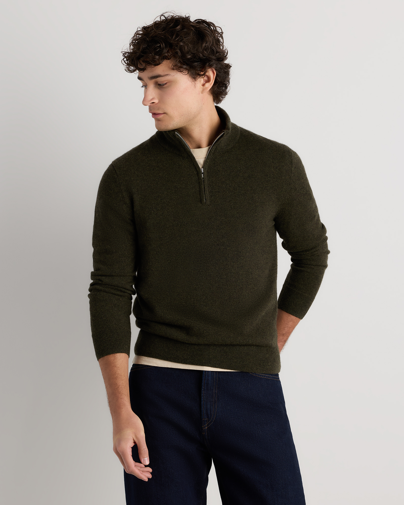 Olive Twist Mongolian Cashmere Quarter Zip Sweater