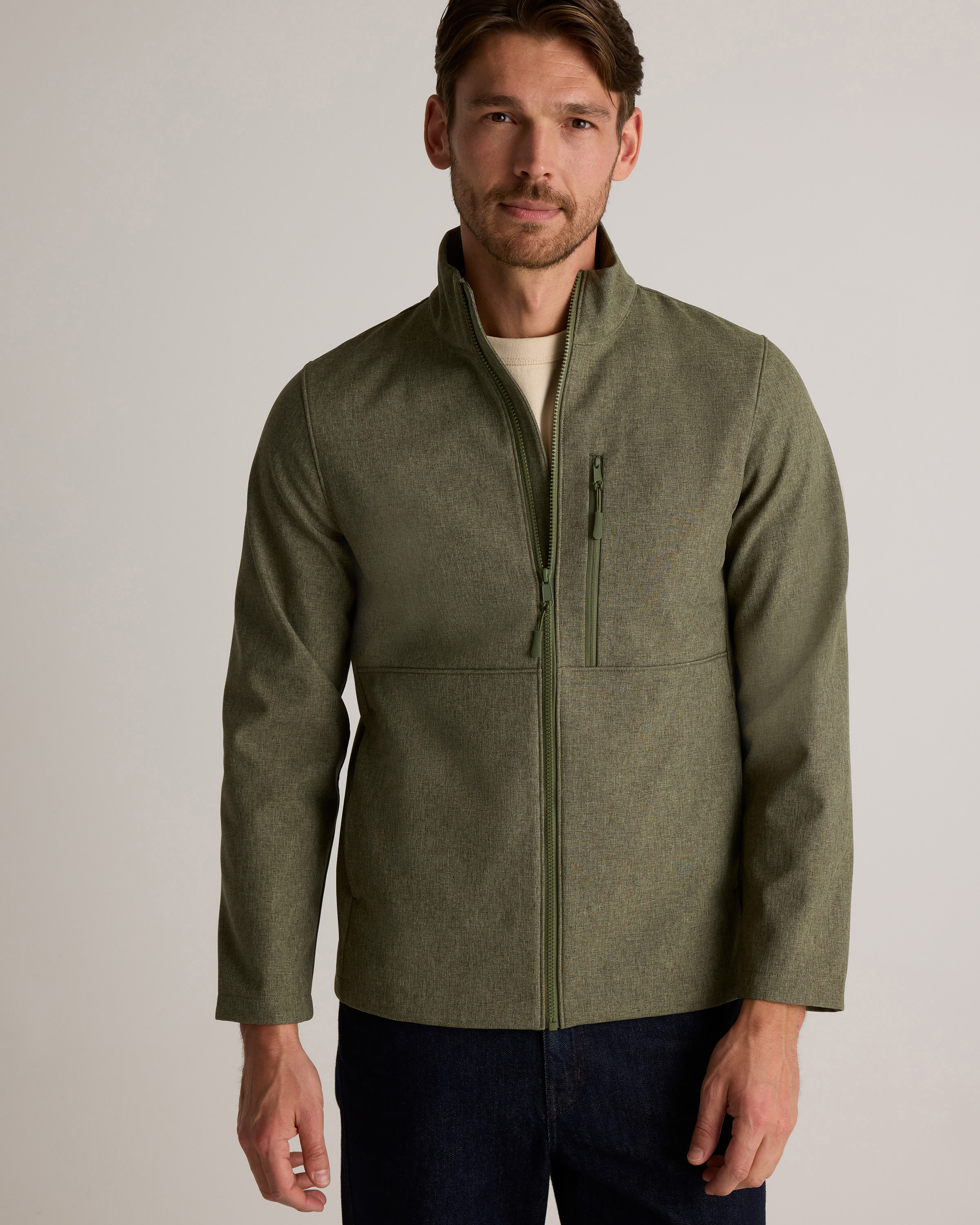 Softshell Fleece-Lined Full-Zip Jacket in Heather Olive Oil