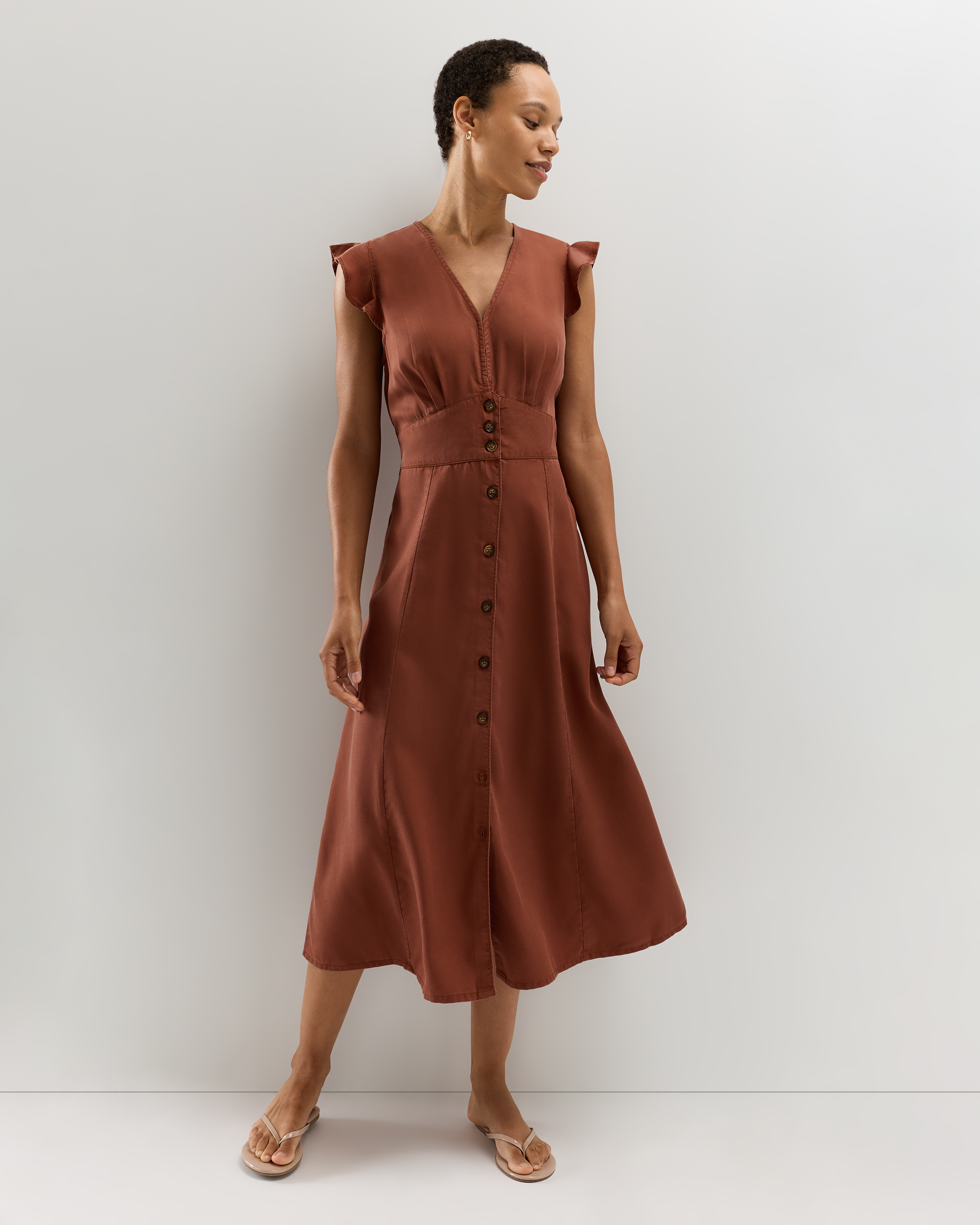 vintage wash tencel button front midi dress Quince Women's Vintage Wash Tencel Midi Dress, Button Front, A-Line, Size XS, Terracotta